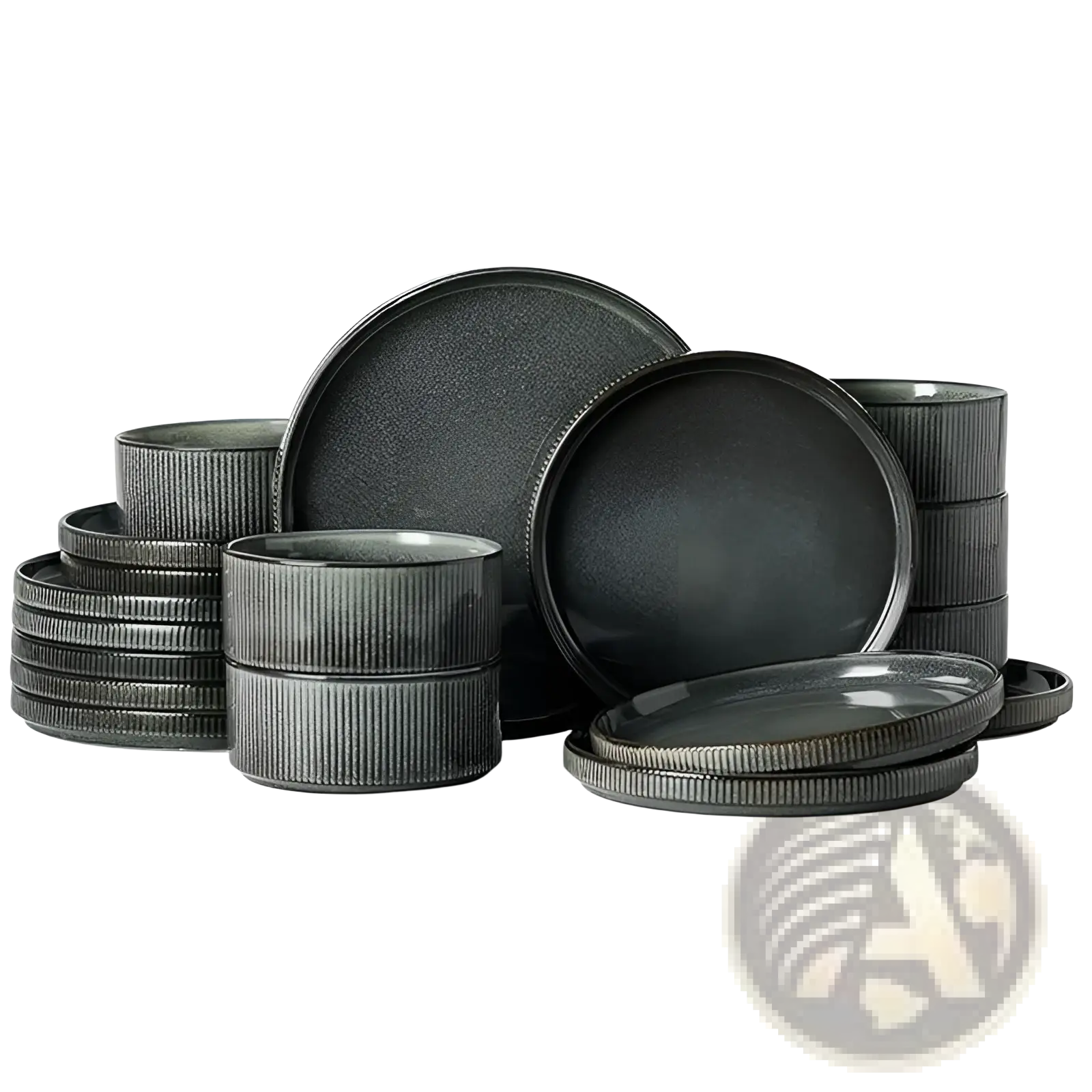 Dark gray ceramic dinnerware set with ribbed edges and matte finish in a 16 piece vintage embossed white style