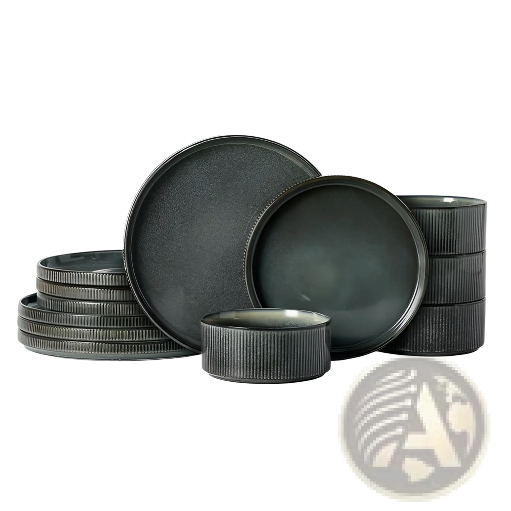 Dark gray ceramic dinnerware set with ribbed edges and matte finish complementing vintage embossed white style