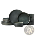 Dark gray ceramic dinnerware set with ribbed edges and matte finish complementing vintage embossed white style