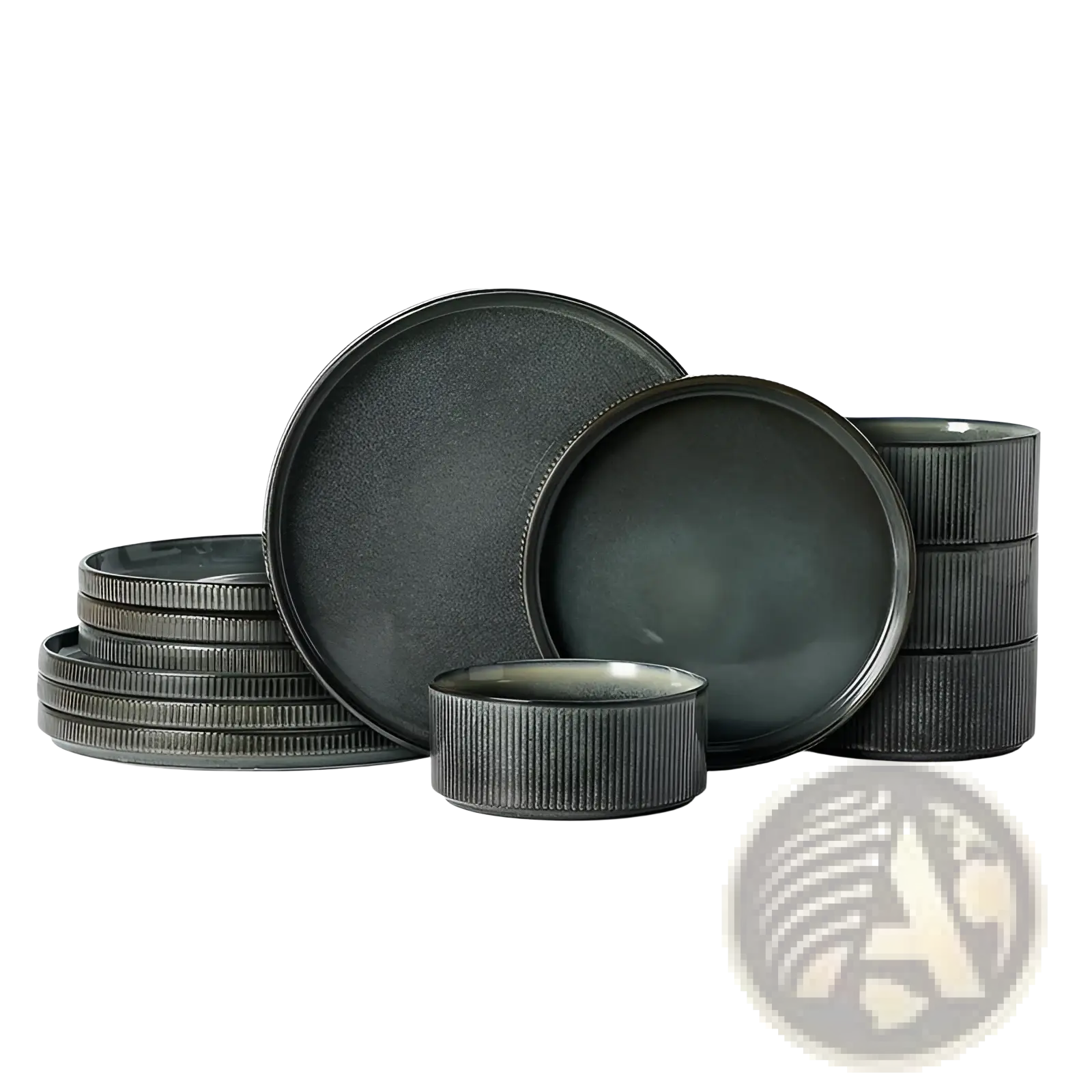 Dark gray ceramic dinnerware set with ribbed edges and matte finish complementing vintage embossed white style