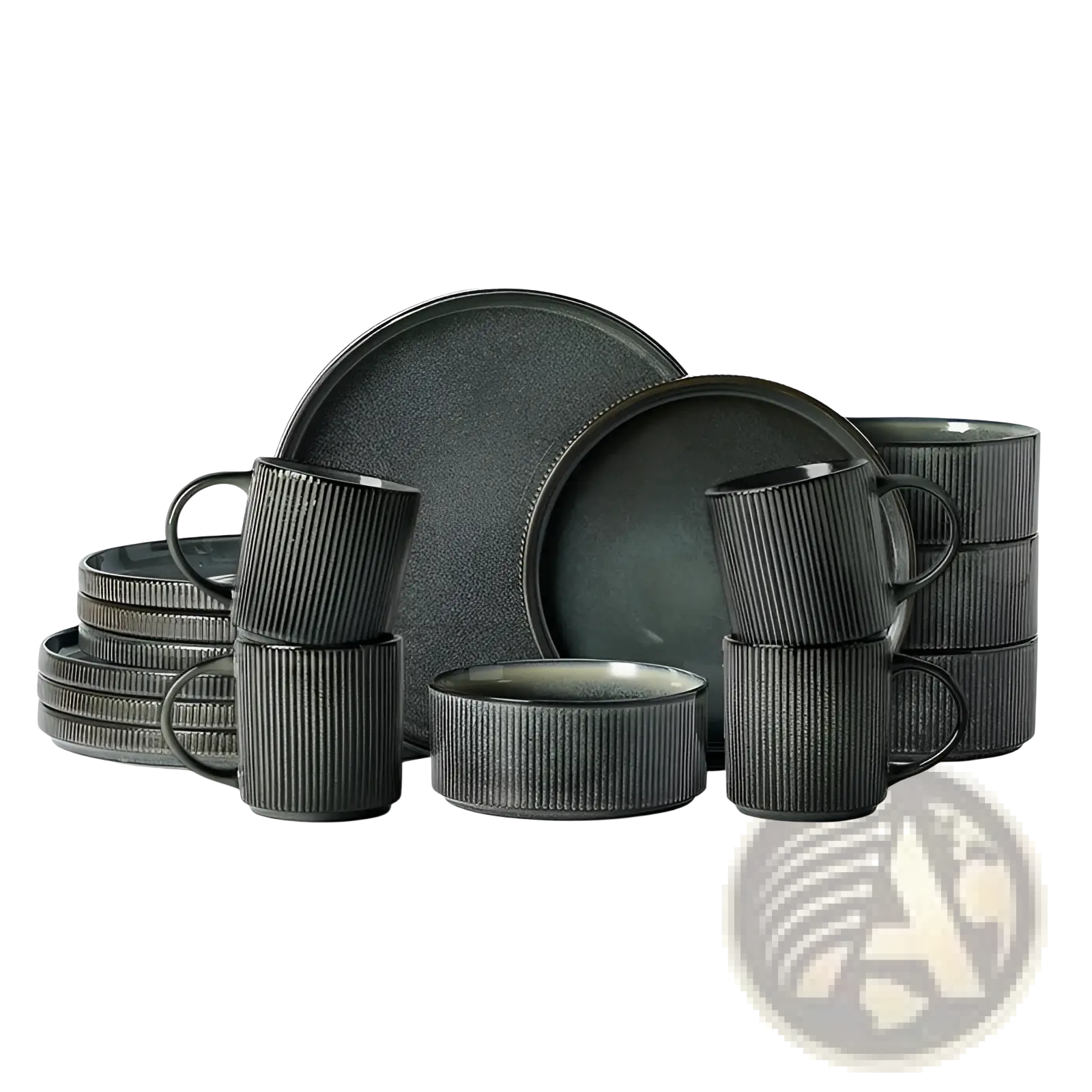 Dark gray ceramic dinnerware set with vertical ribbed texture on mugs plates and bowls for vintage embossed style