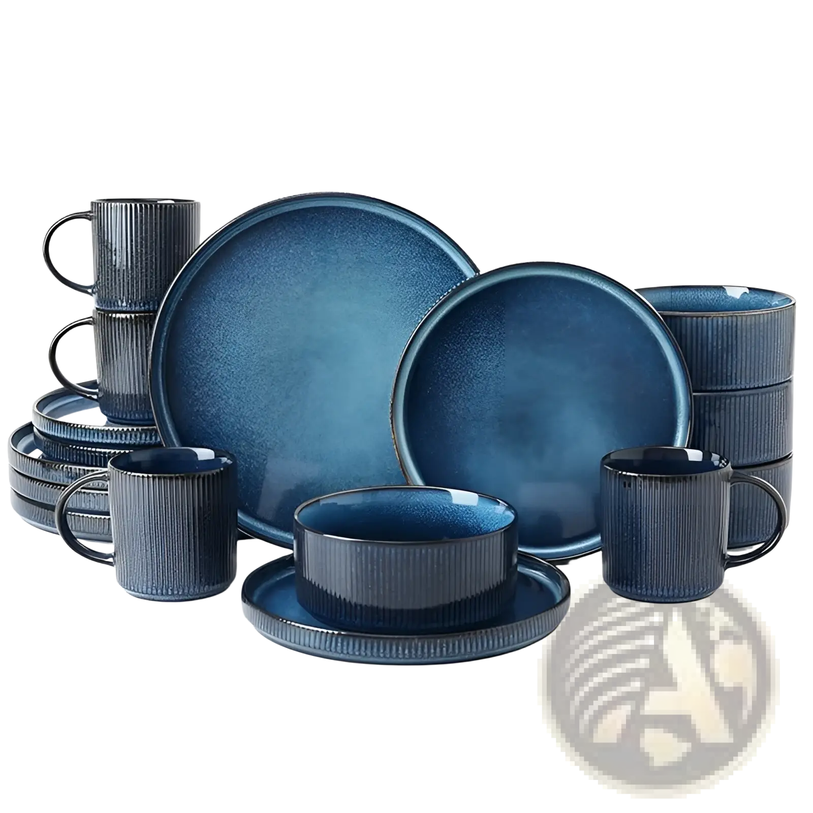 Deep blue ceramic dinnerware set with ribbed texture and glossy glaze for elegant dining use