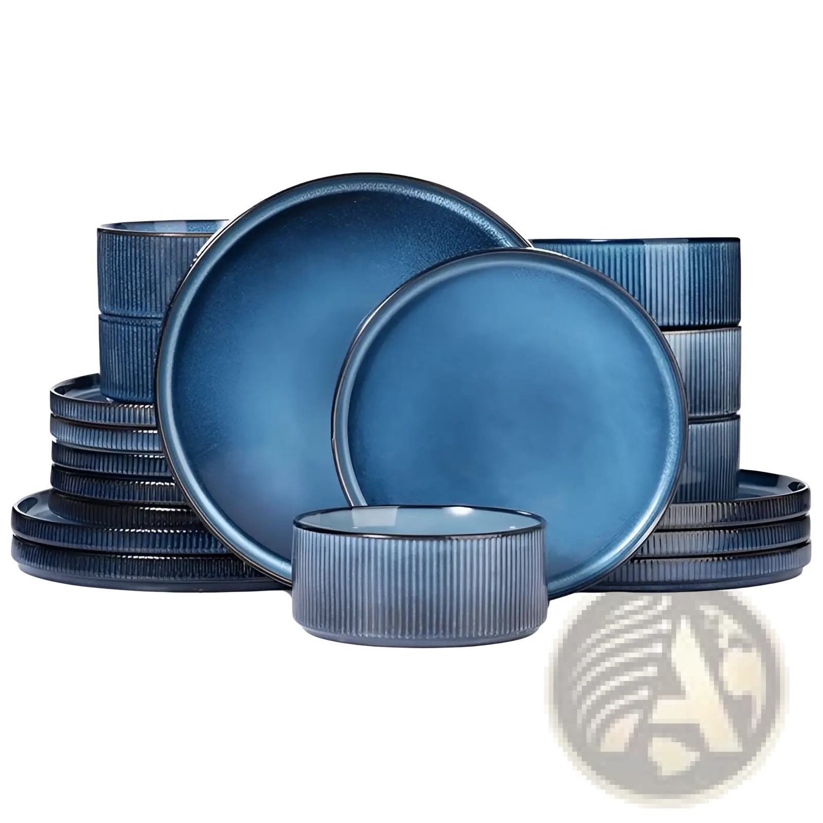 Set of 16 blue ceramic dinnerware with embossed ribbed rims and speckled glaze finish for vintage table settings