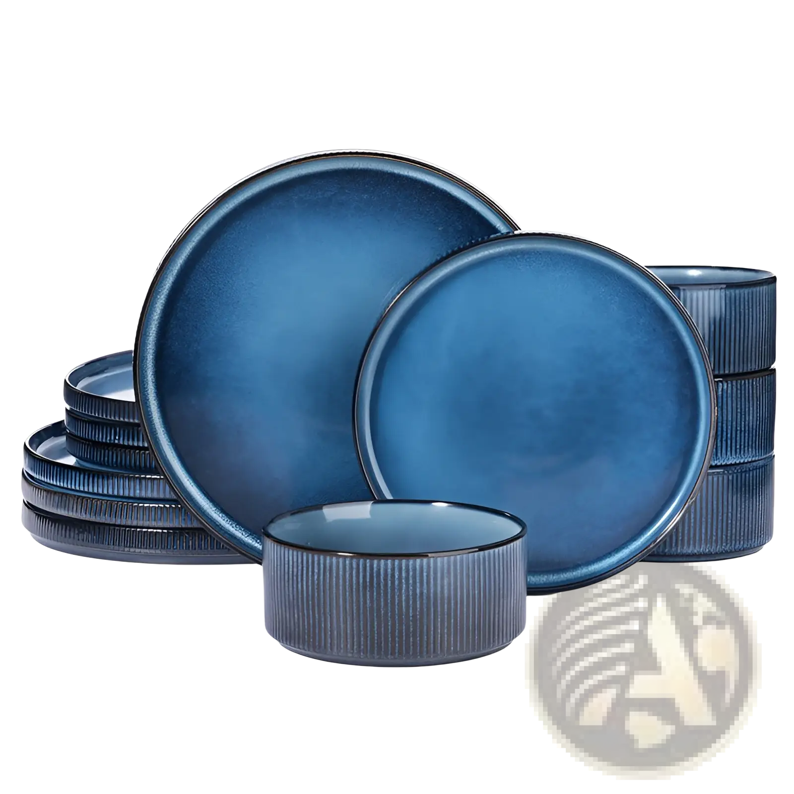 Ceramic dinnerware set 16 piece vintage embossed white with blue ceramic plates featuring ribbed rims and speckled glaze finish