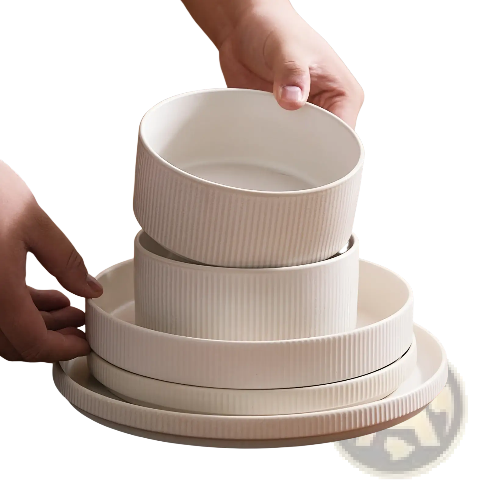 Stacked white ceramic bowls with vertical ribbed texture from a 16 piece vintage embossed dinnerware set