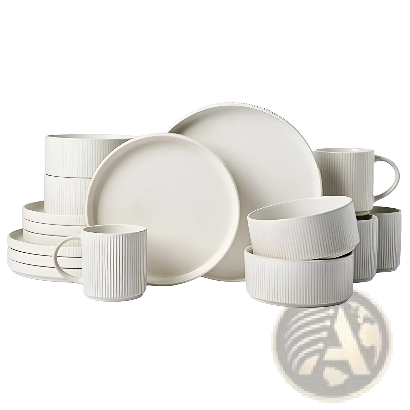 Cream-colored ceramic dinnerware set 16 piece vintage embossed white with vertical ribbed texture on mugs and bowls