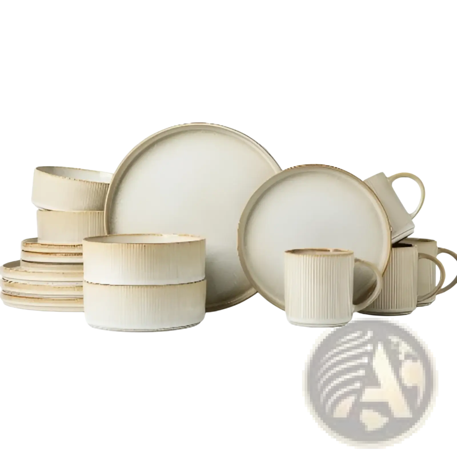 Beige ceramic dinnerware set 16 piece vintage embossed white with subtle textured ridges and matte finish