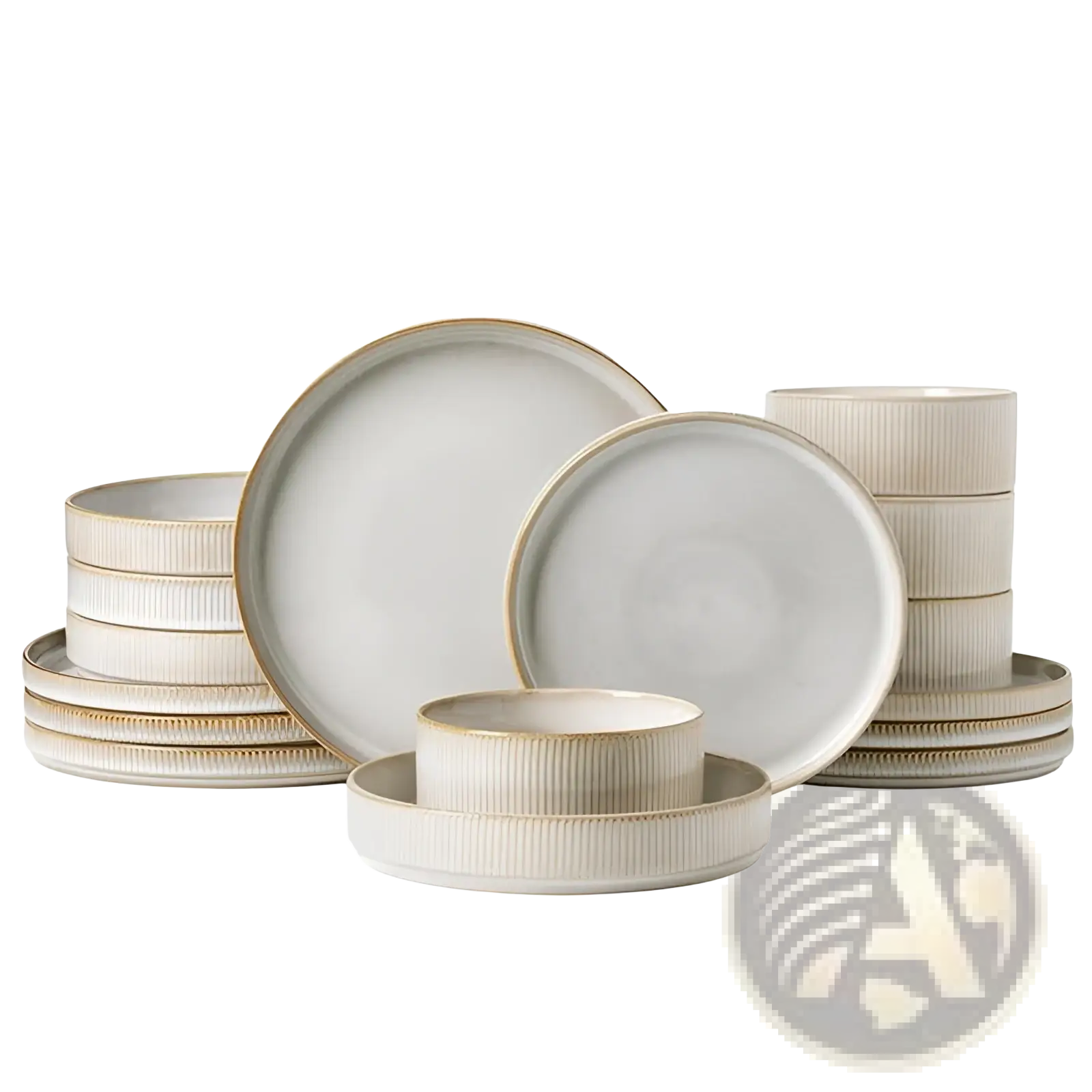 Beige ceramic dinnerware set 16 piece with subtle gold rims and vertical ribbed detailing for vintage embossed white style