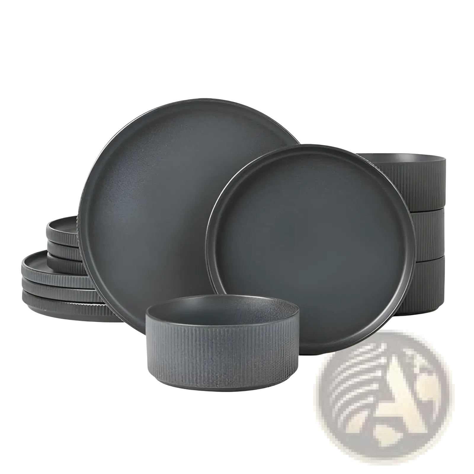 Set of dark gray ceramic dinnerware with subtle ribbed edges featured in a 16 piece vintage embossed white set