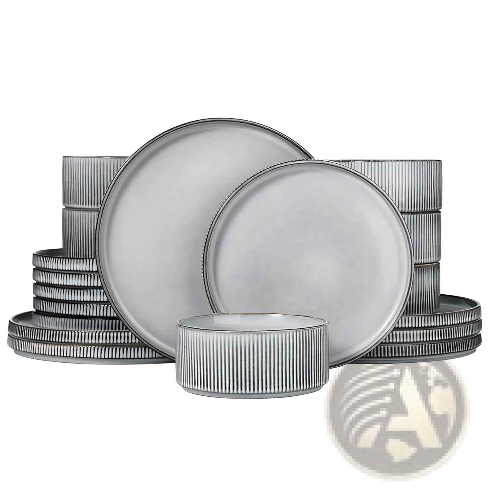 Silver ribbed ceramic dinnerware set with embossed vintage white design, 16 piece collection for elegant dining