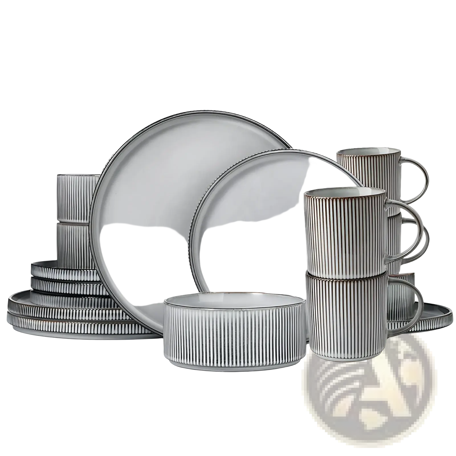 Gray ceramic 16 piece dinnerware set with vertical ribbed texture on rims and handles for vintage embossed white style