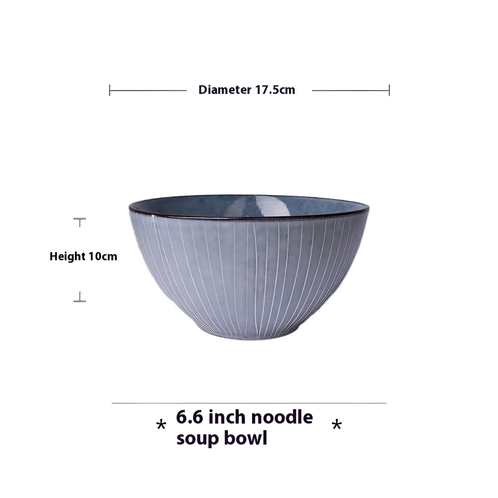 Ceramic soup bowl from retro ribbed plates and bowls set with matte gray ridged exterior and dark blue interior