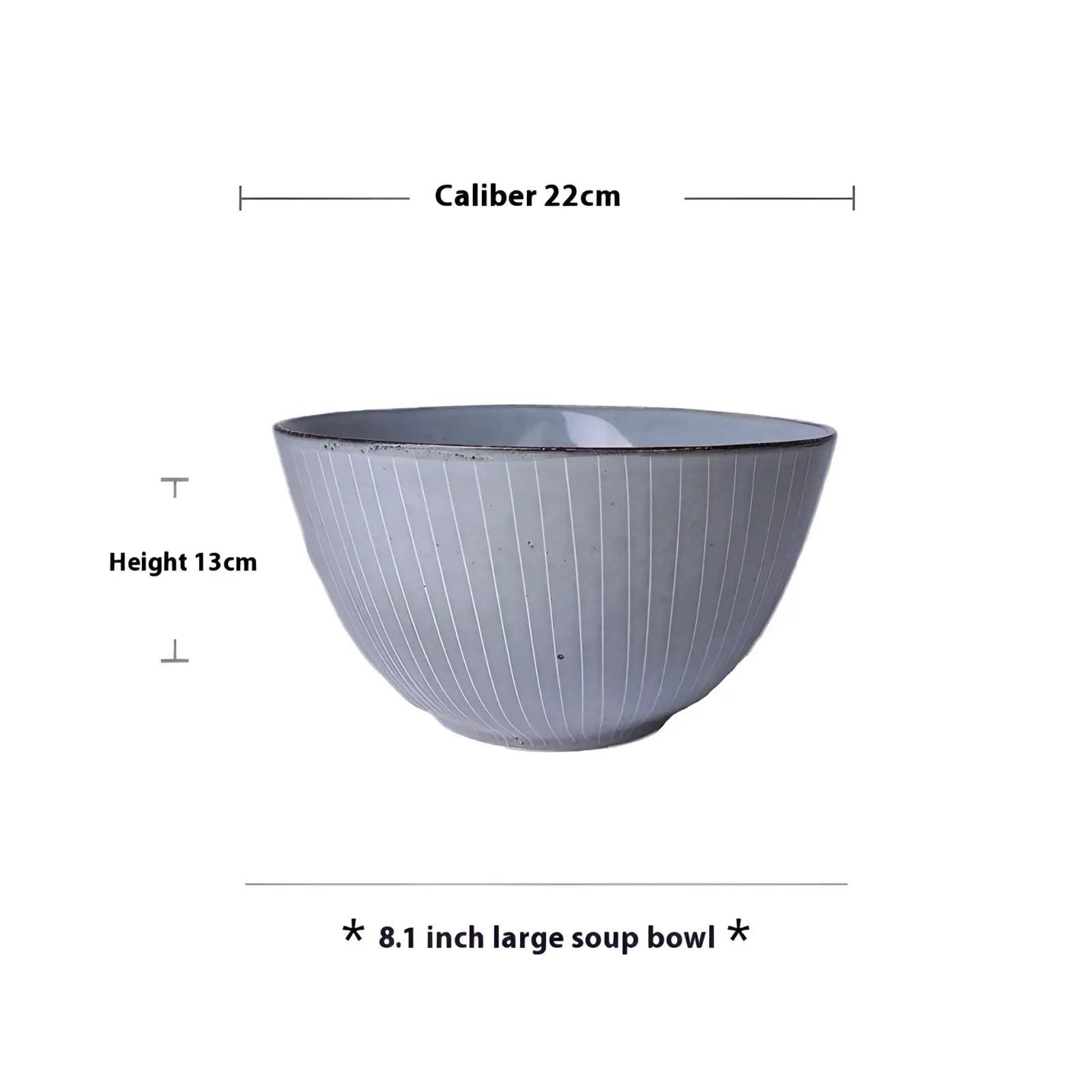 A matte gray ceramic soup bowl with subtle vertical ridges and a darker rim from a retro ribbed dinnerware set