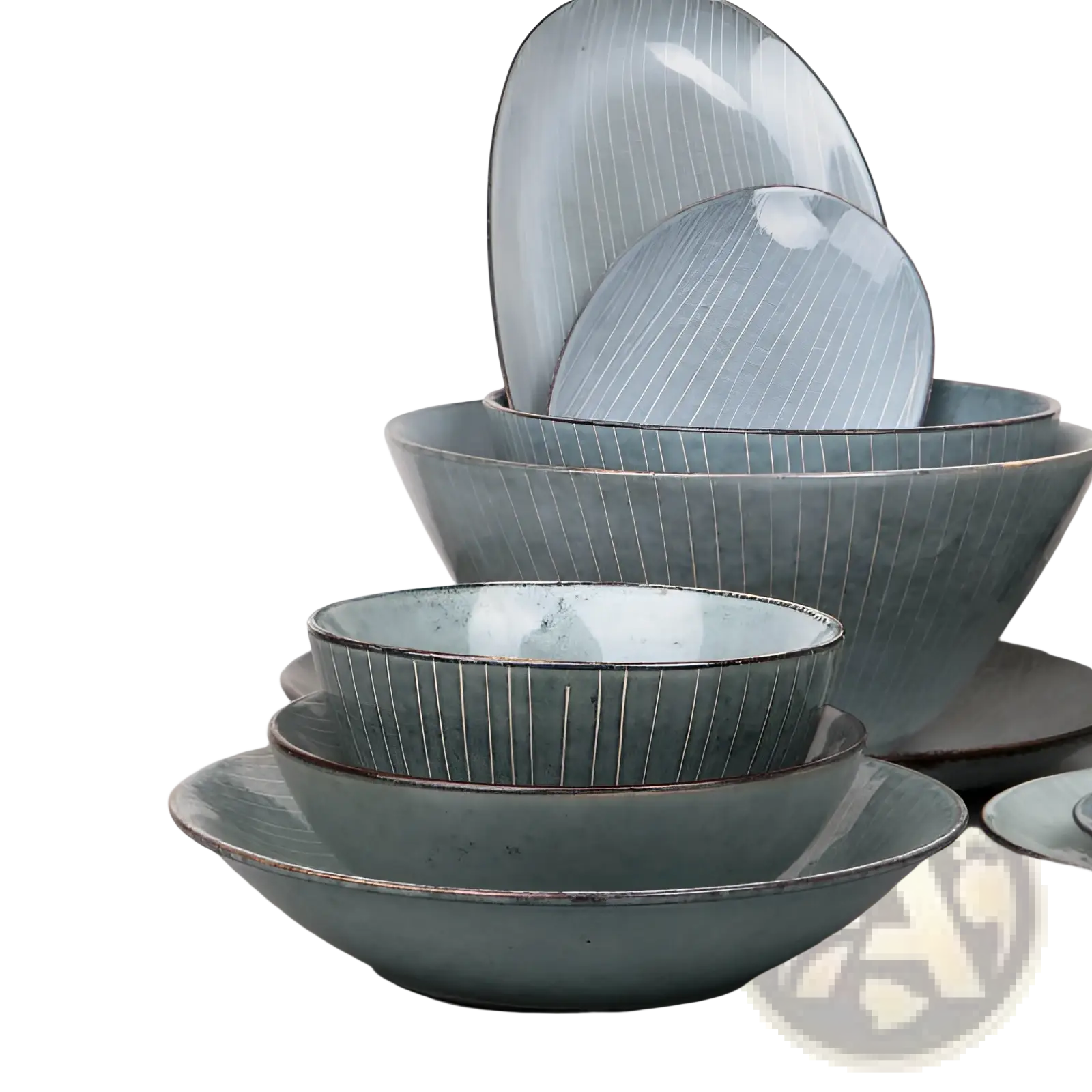 Ceramic dinnerware set retro ribbed plates and bowls in muted blue-gray glaze with subtle vertical ribbing and rustic rims