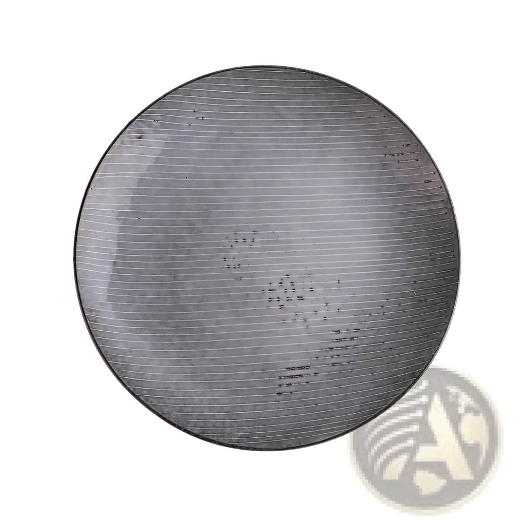 Circular gray ceramic plate with subtle horizontal ridges and matte finish from retro ribbed dinnerware set