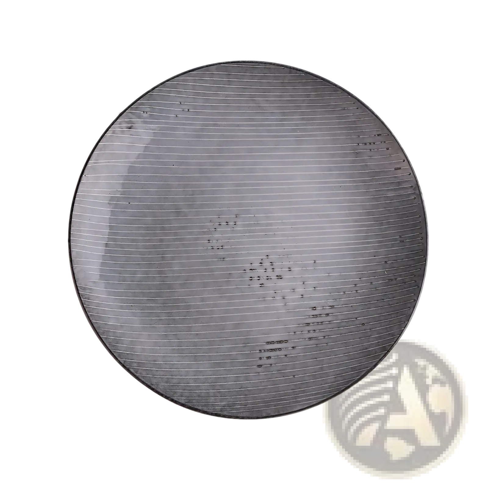 Circular gray ceramic plate with subtle horizontal ridges and matte finish from retro ribbed dinnerware set