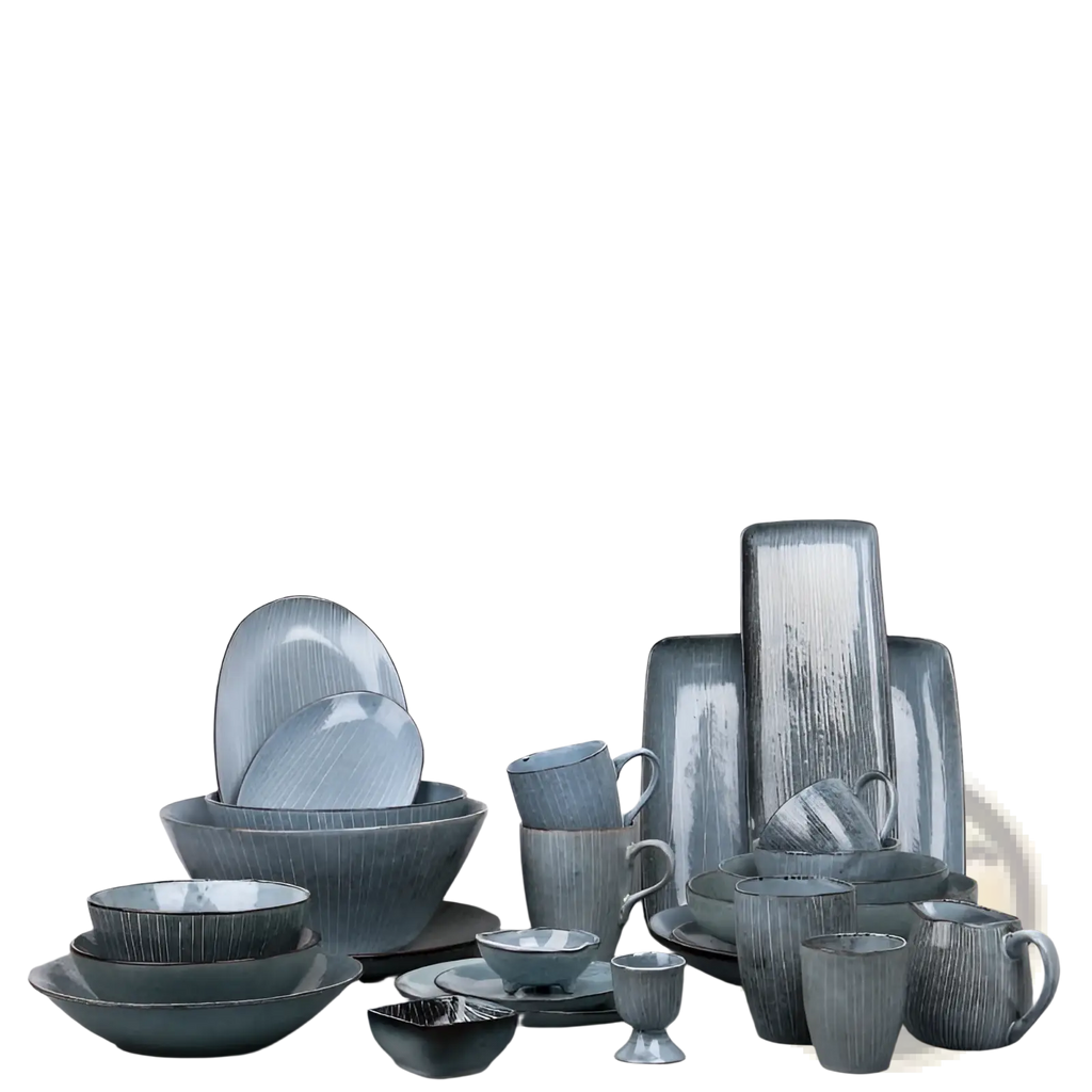 Ceramic dinnerware set retro ribbed plates and bowls in muted blue-gray with vertical textured lines