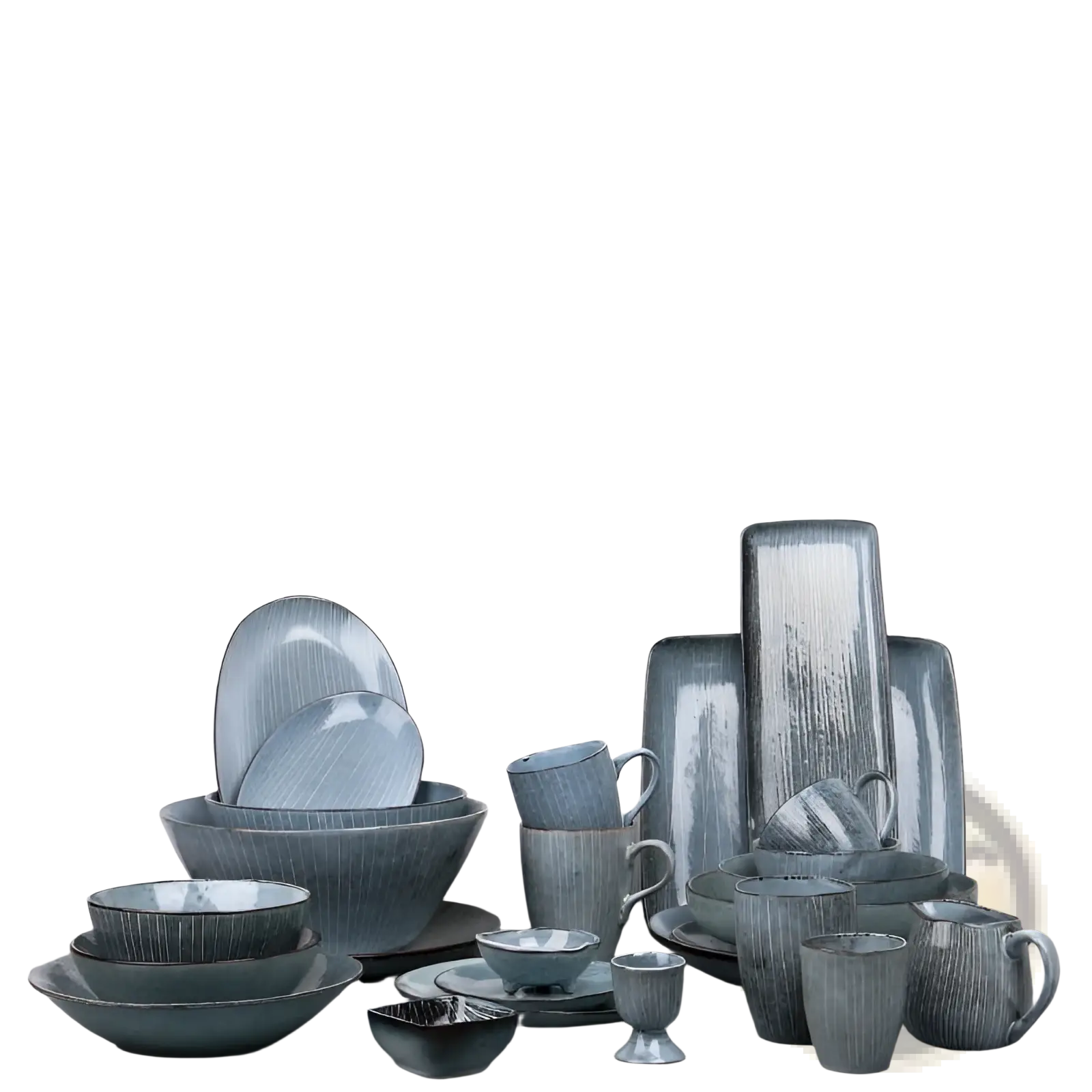 Ceramic dinnerware set retro ribbed plates and bowls in muted blue-gray with vertical textured lines