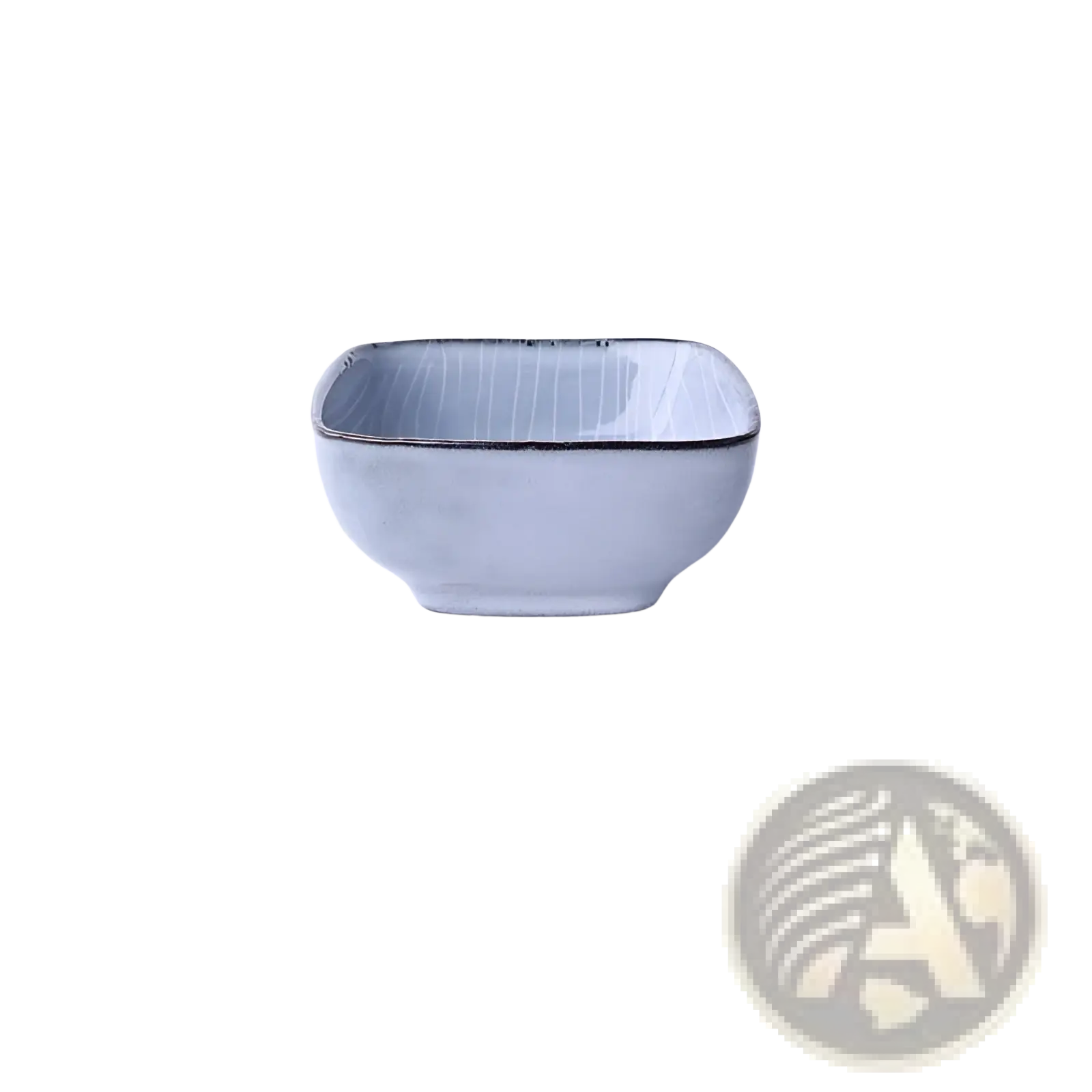 A square ceramic bowl with matte light blue glaze and subtle vertical stripes from a retro ribbed dinnerware set