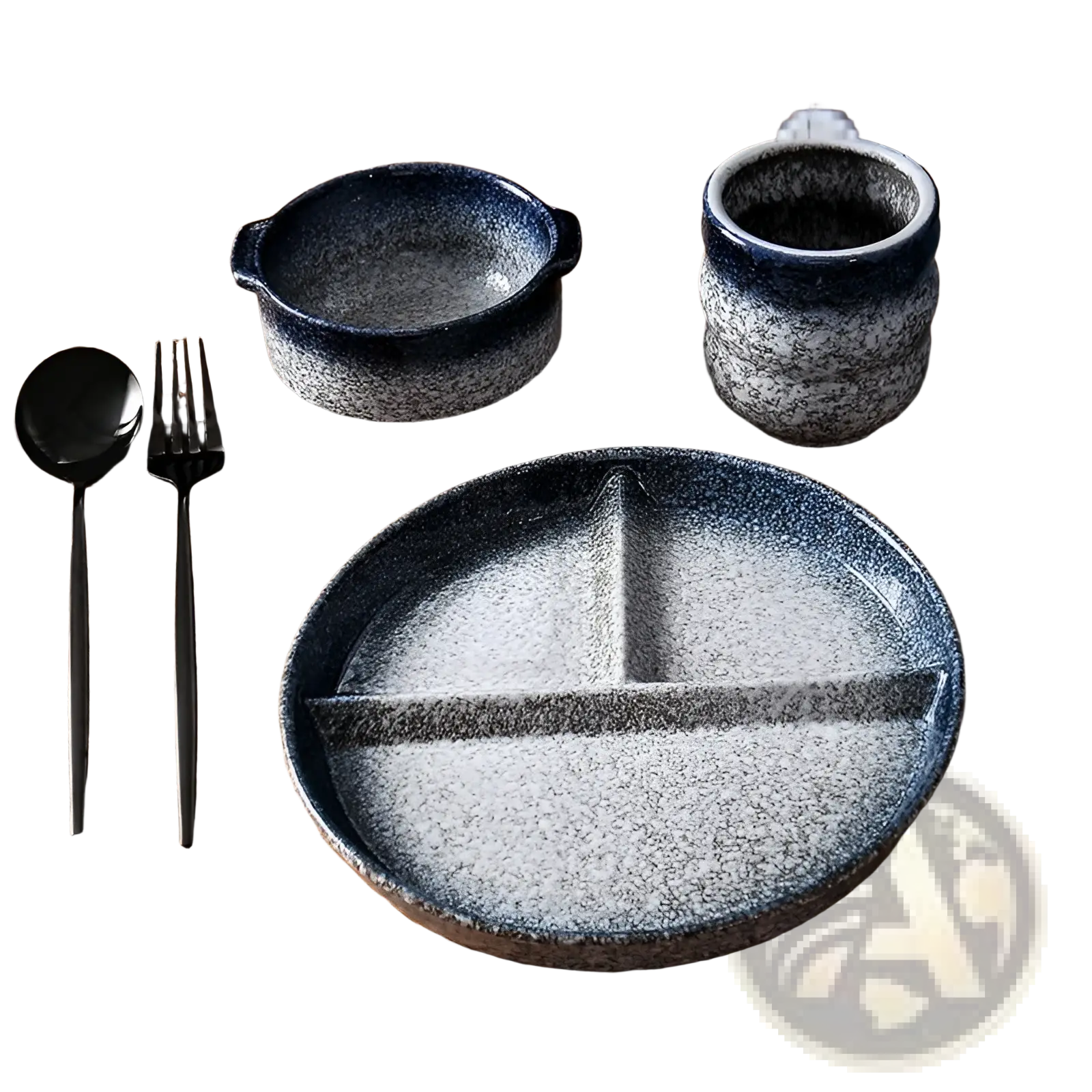 Ceramic divided dinner plate set with blue and white speckled glaze and a central divider for portion control
