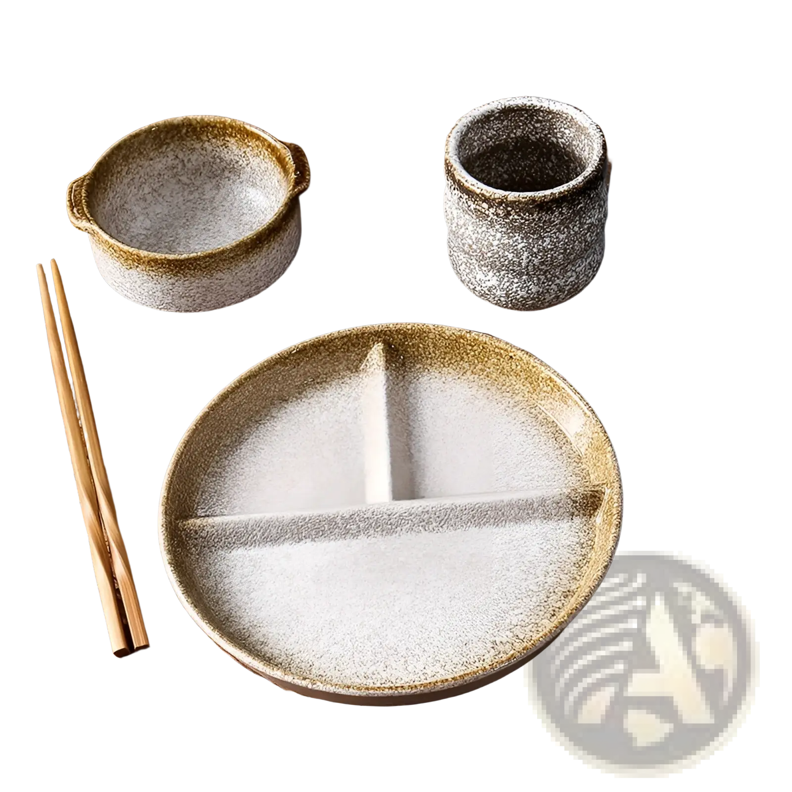 Rustic ceramic divided dinner plate set with speckled gray and earthy brown glaze including bowl cup and spoon