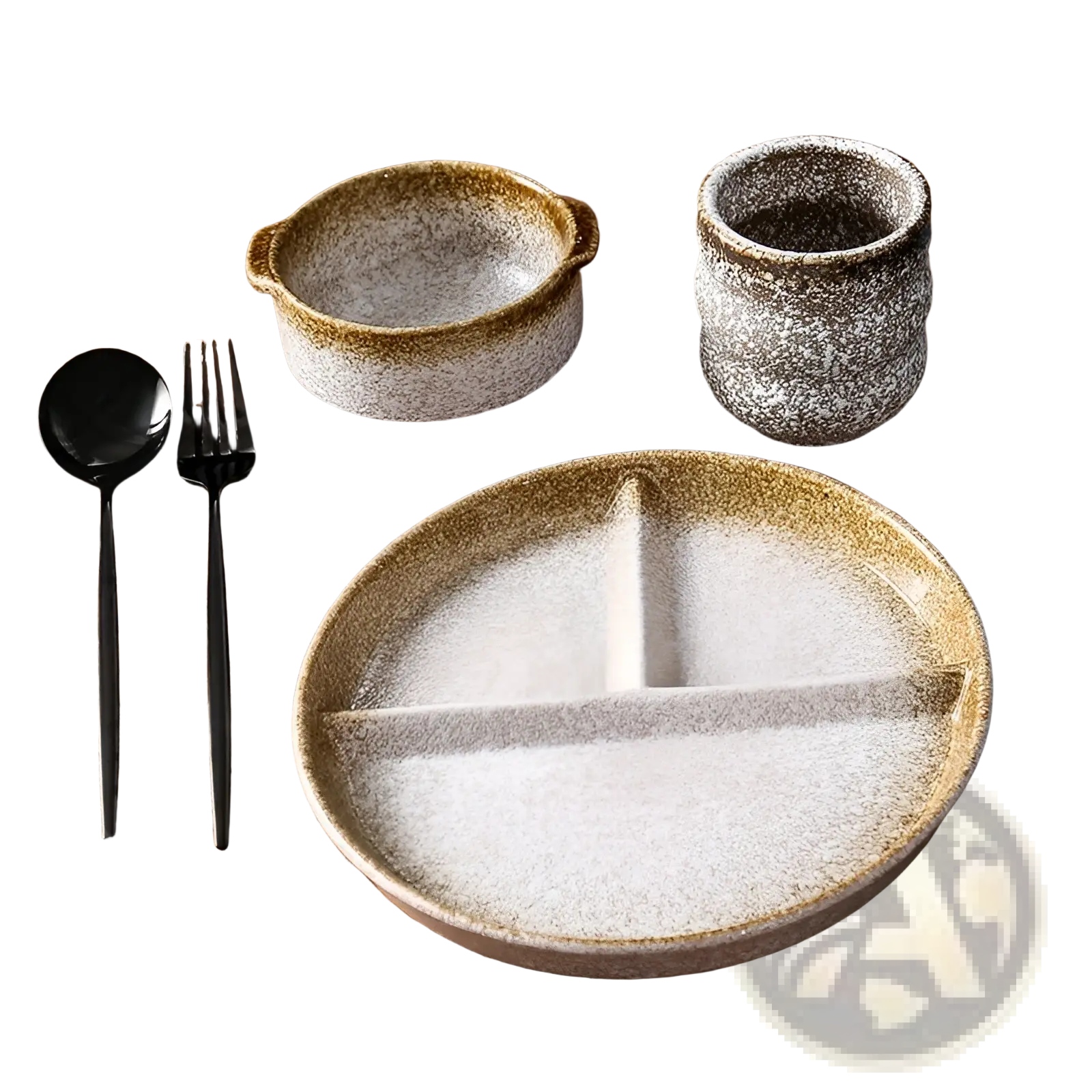 Ceramic divided dinner plate set with speckled white and brown glaze and three raised ridge sections