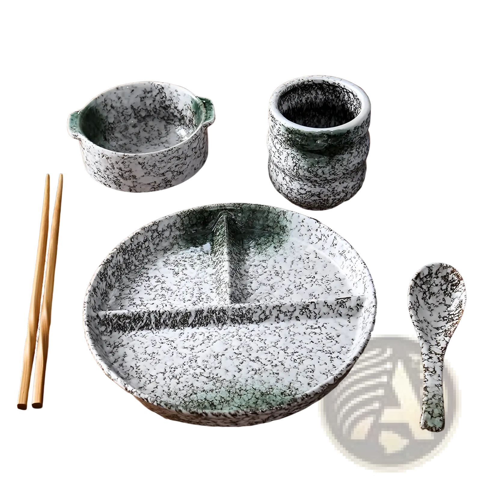 Ceramic divided dinner plate set with speckled glaze featuring white ceramic with black speckles and green gradient sections