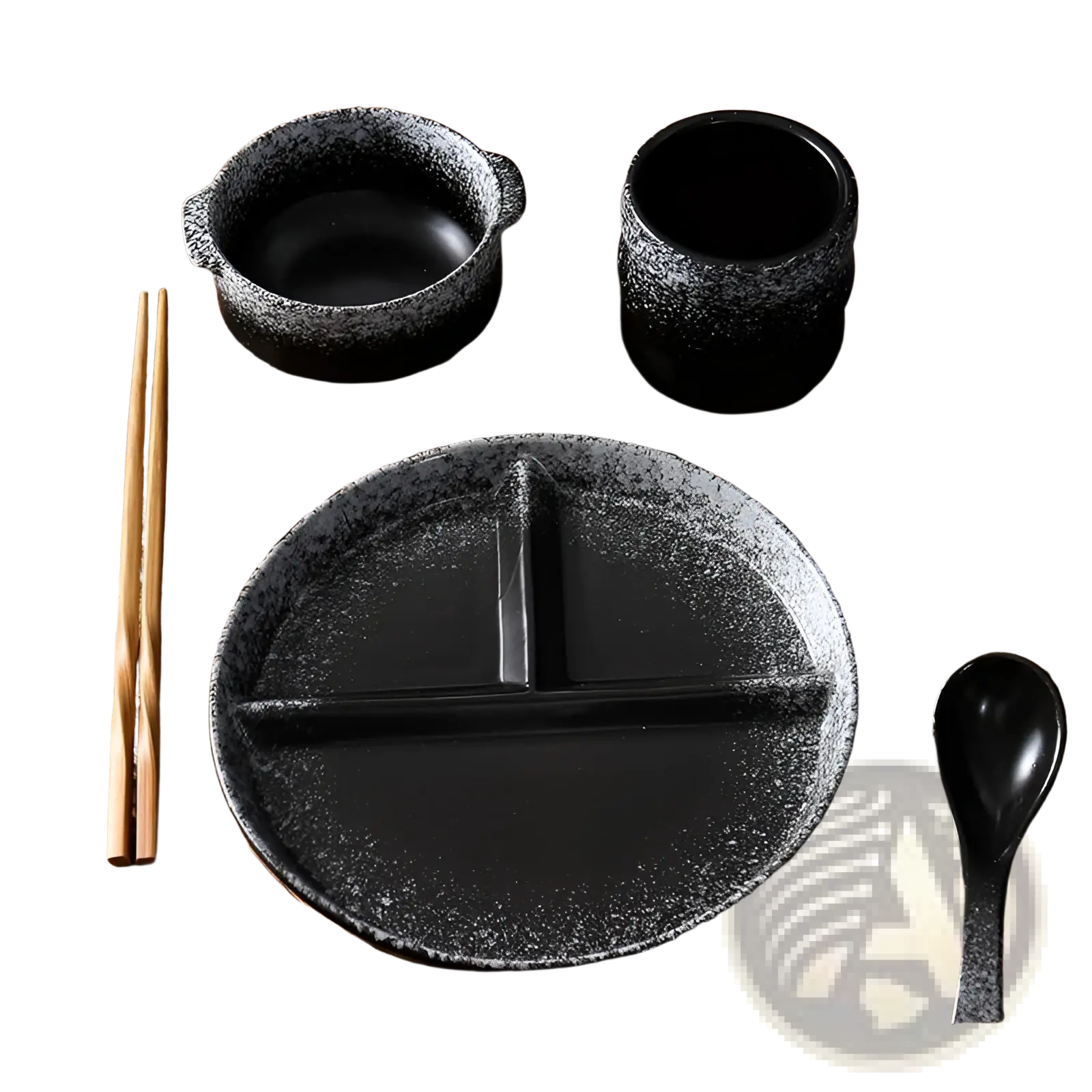 Black ceramic divided dinner plate set with speckled glaze and three compartments for portioned meals