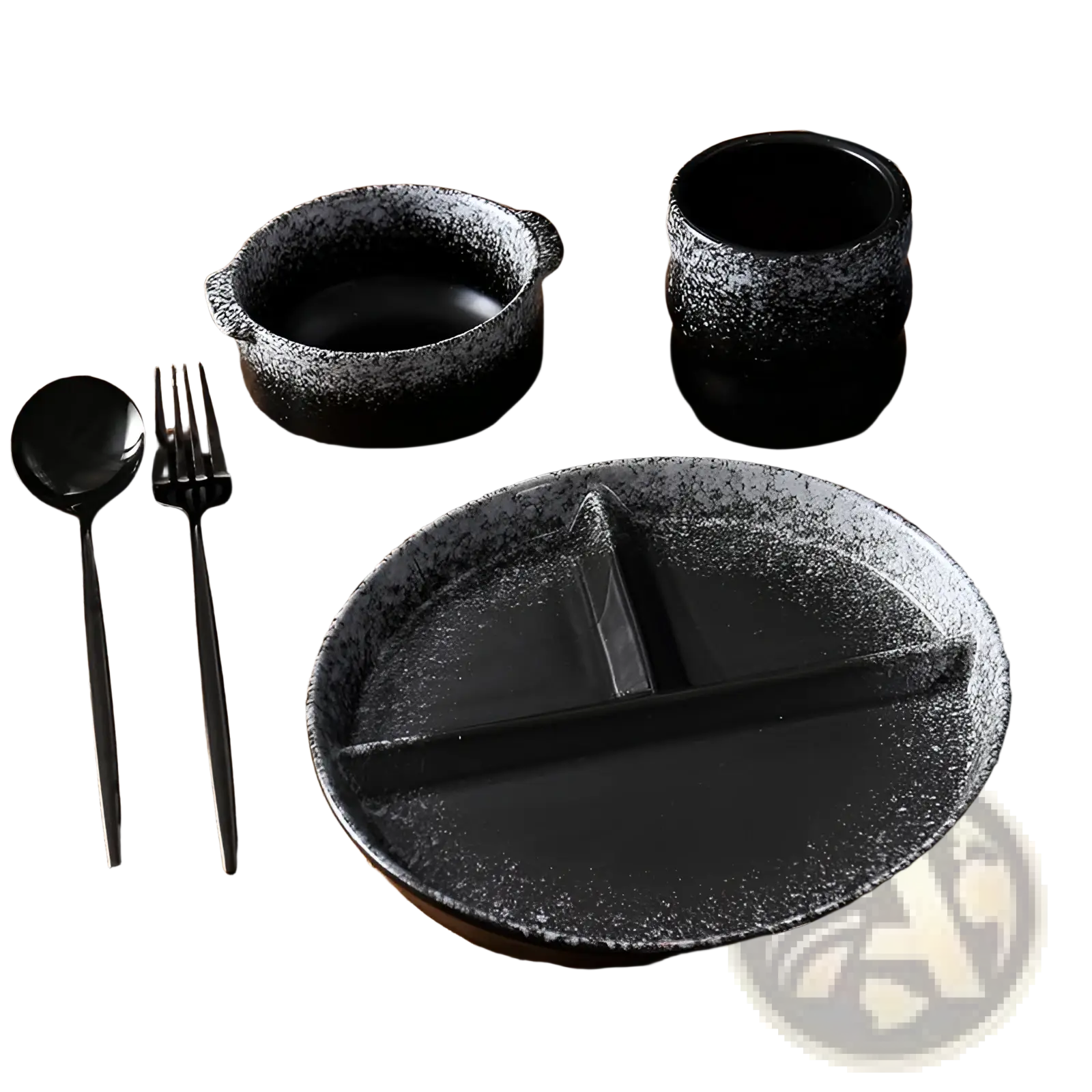 Black ceramic divided dinner plate set with speckled glaze featuring three compartments for portioned meals