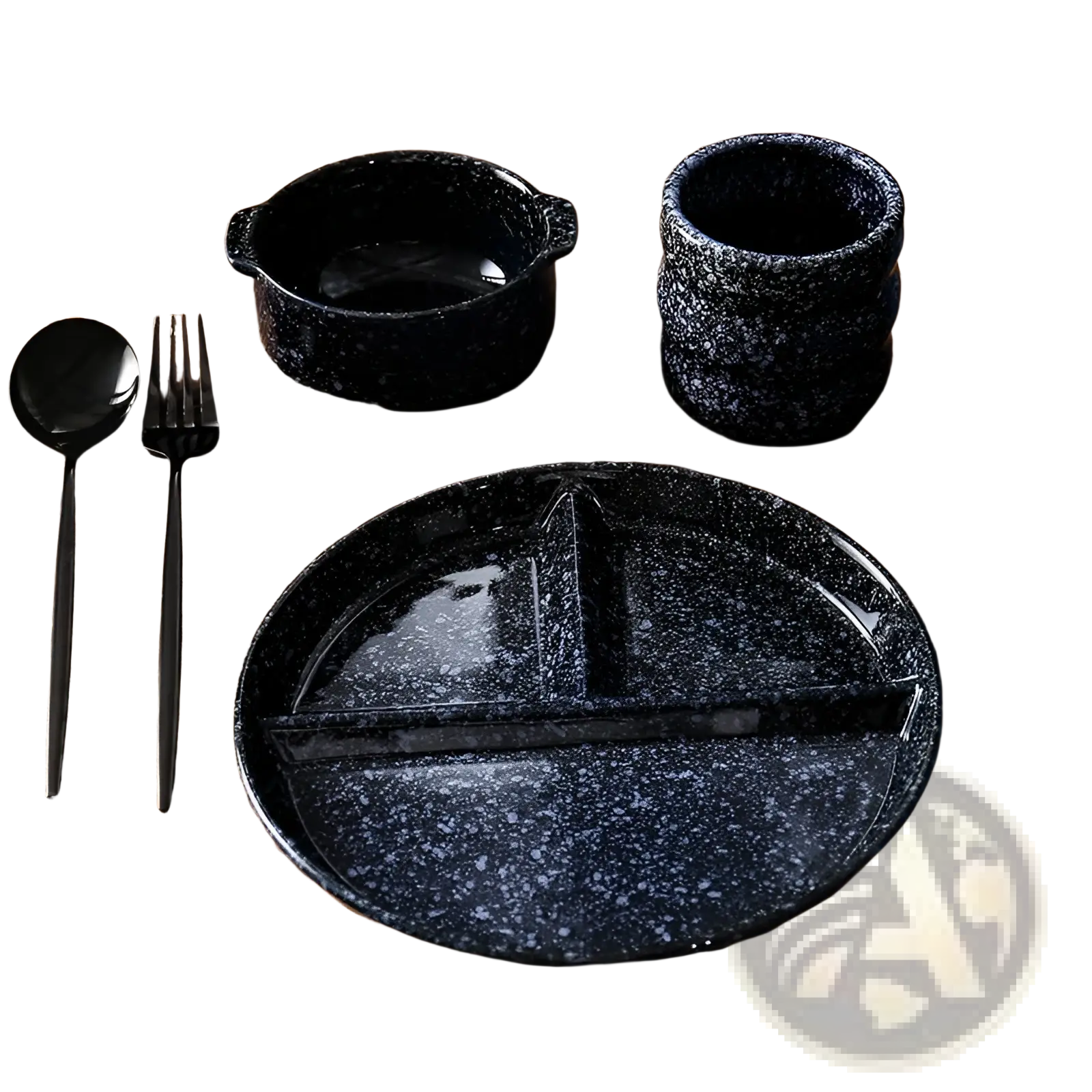 Ceramic divided dinner plate set with black speckled glaze featuring a stylish divided design for serving meals