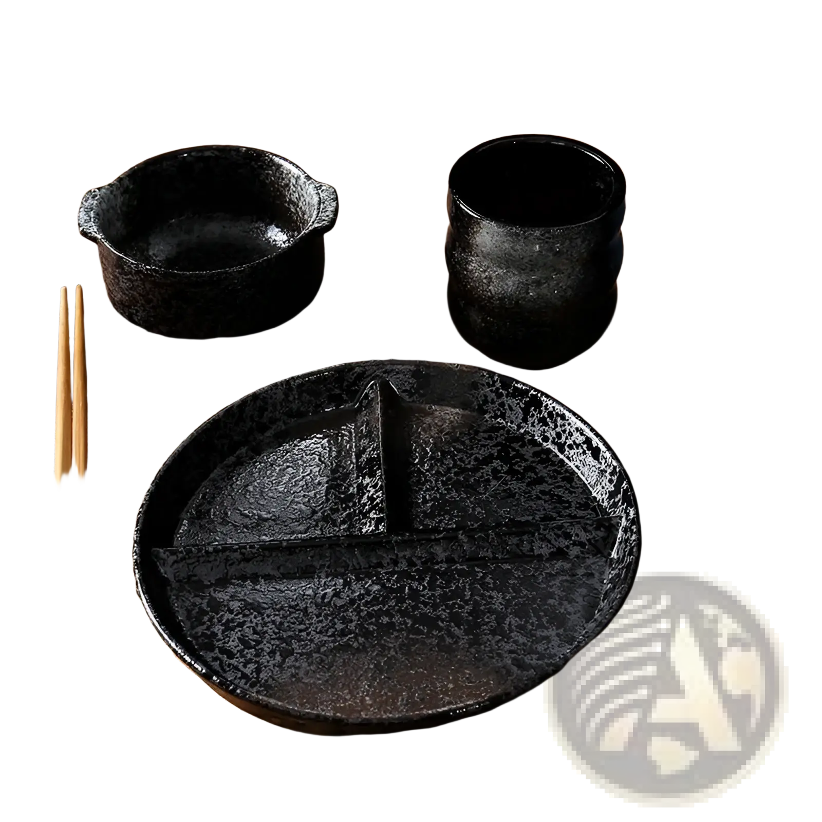 Black speckled ceramic divided dinner plate set with matching bowl and cup featuring a speckled glaze finish