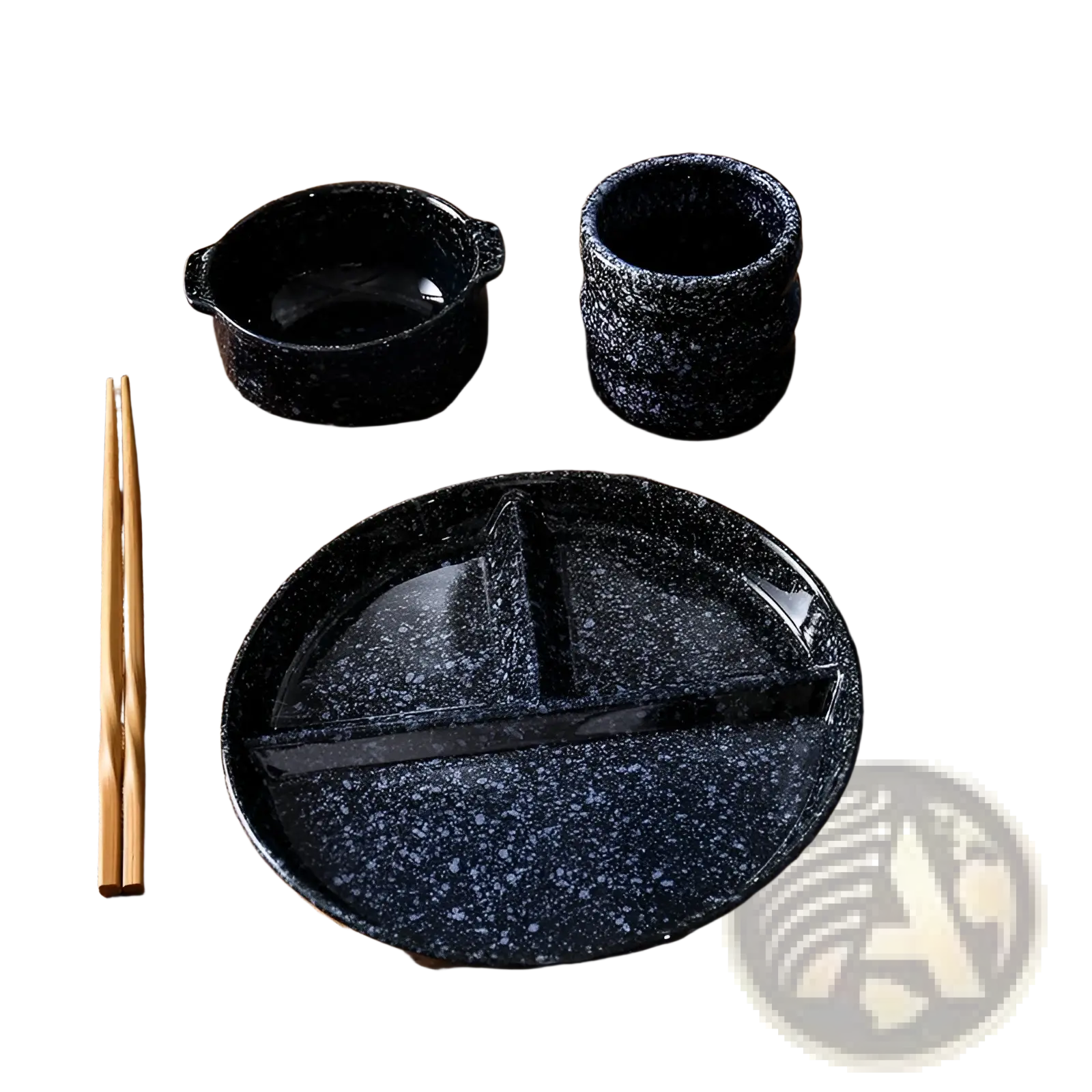 Black speckled ceramic divided dinner plate with glaze featuring separate compartments for portion control
