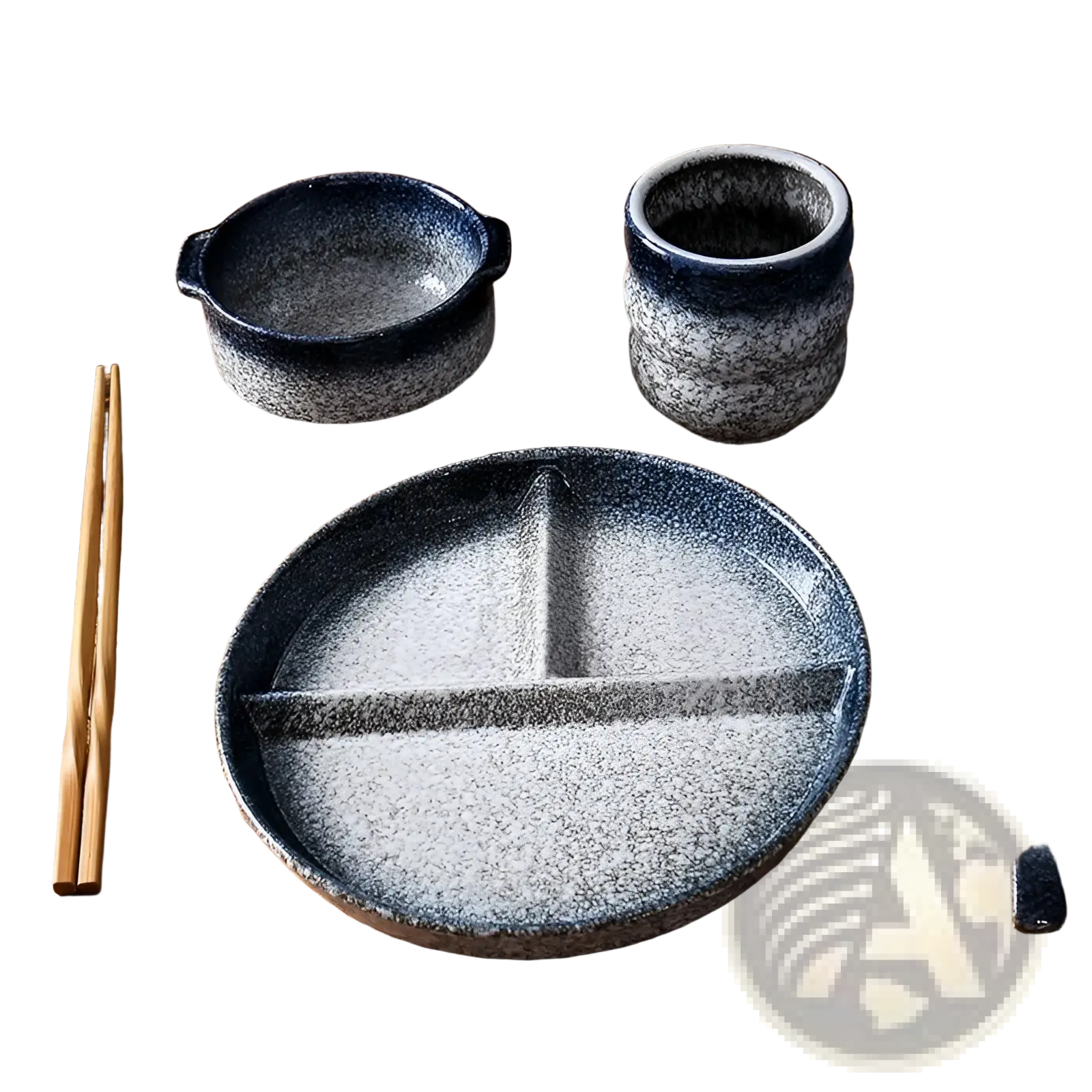 Ceramic divided dinner plate set with speckled gray glaze and central divider for portioned meals
