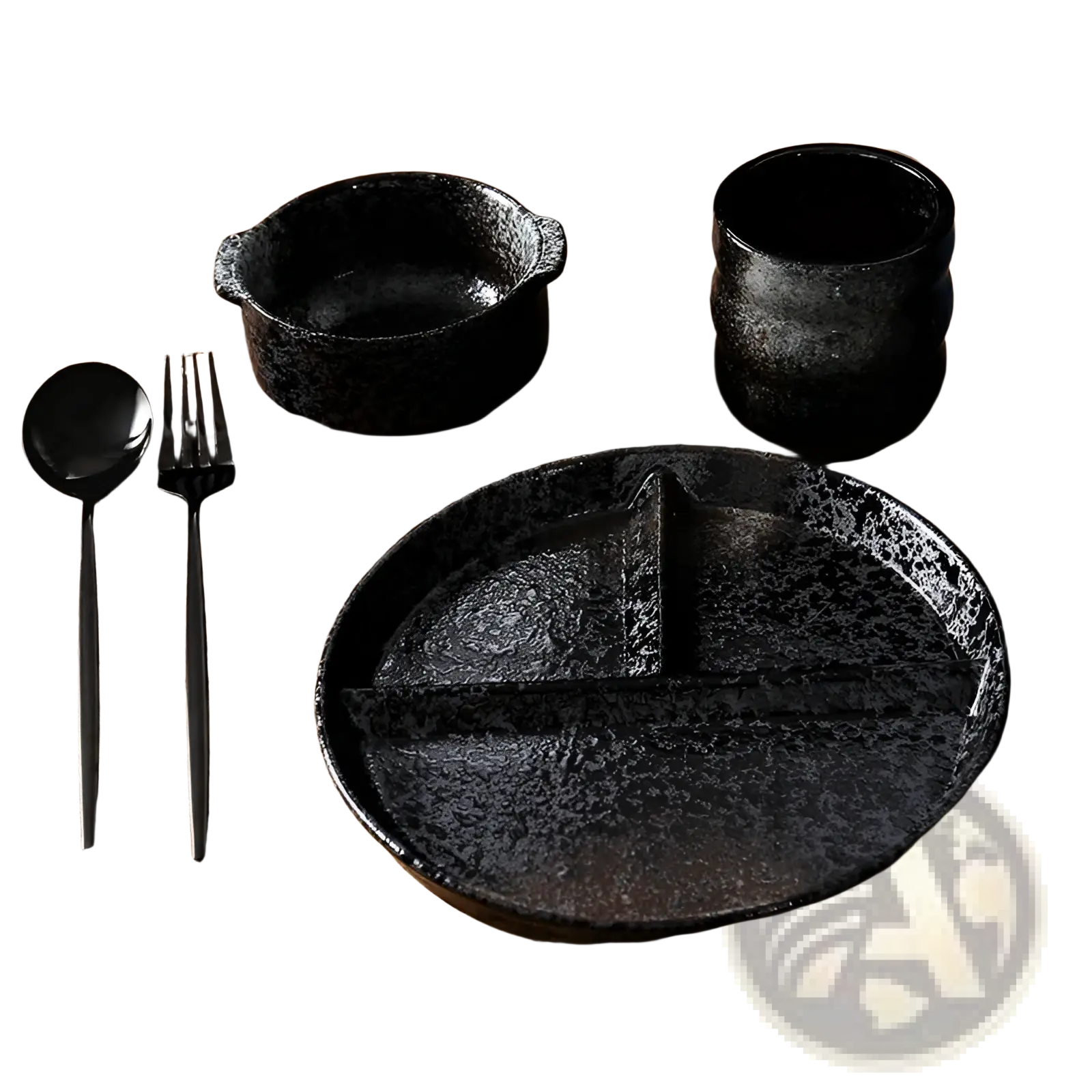 Black ceramic divided dinner plate set with speckled glaze and textured surface for serving