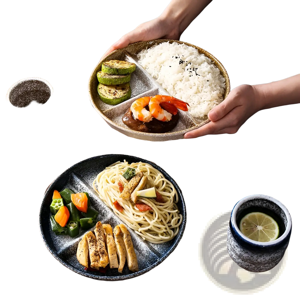 Rustic ceramic divided dinner plate set with speckled gray glaze featuring three compartments holding rice grilled vegetables and shrimp