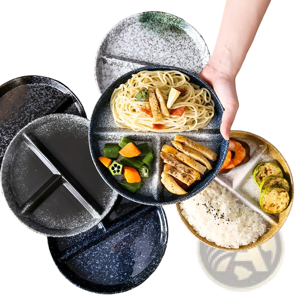 Black speckled ceramic divided dinner plate set with glaze designed for serving different food items