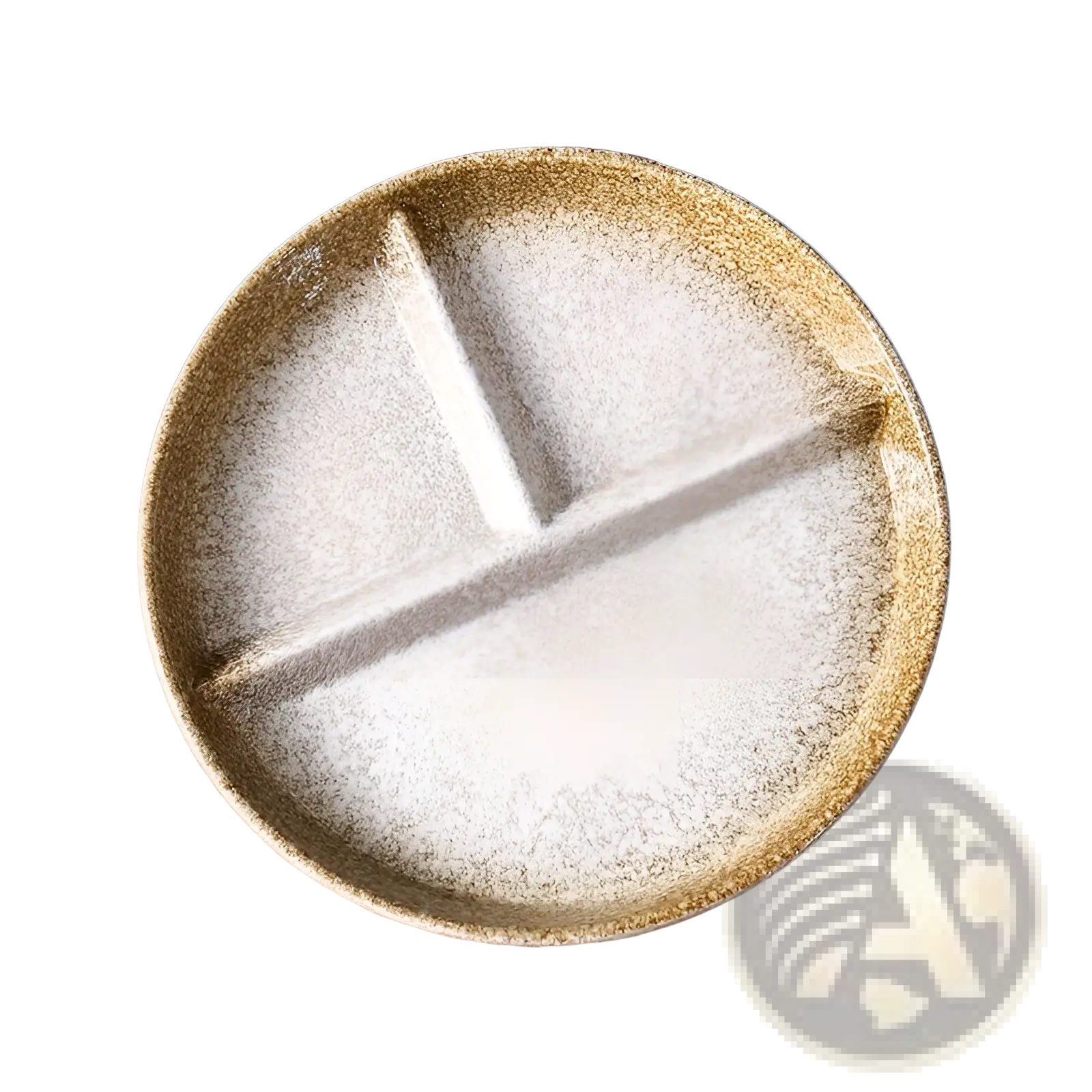 A rustic ceramic divided dinner plate with three sections and a speckled white and beige glaze
