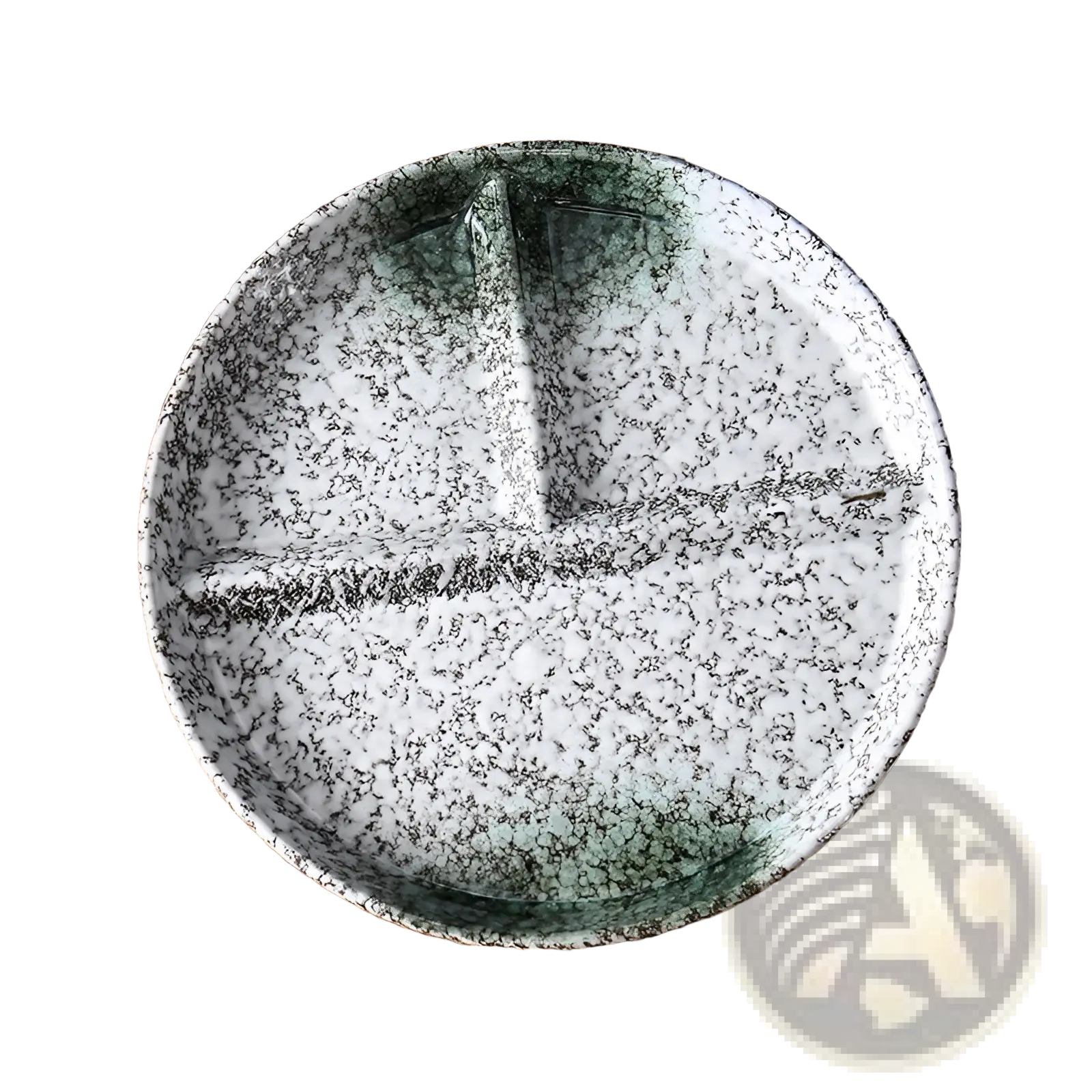 Ceramic divided dinner plate set with white speckled glaze and green gradient rim featuring four raised sections