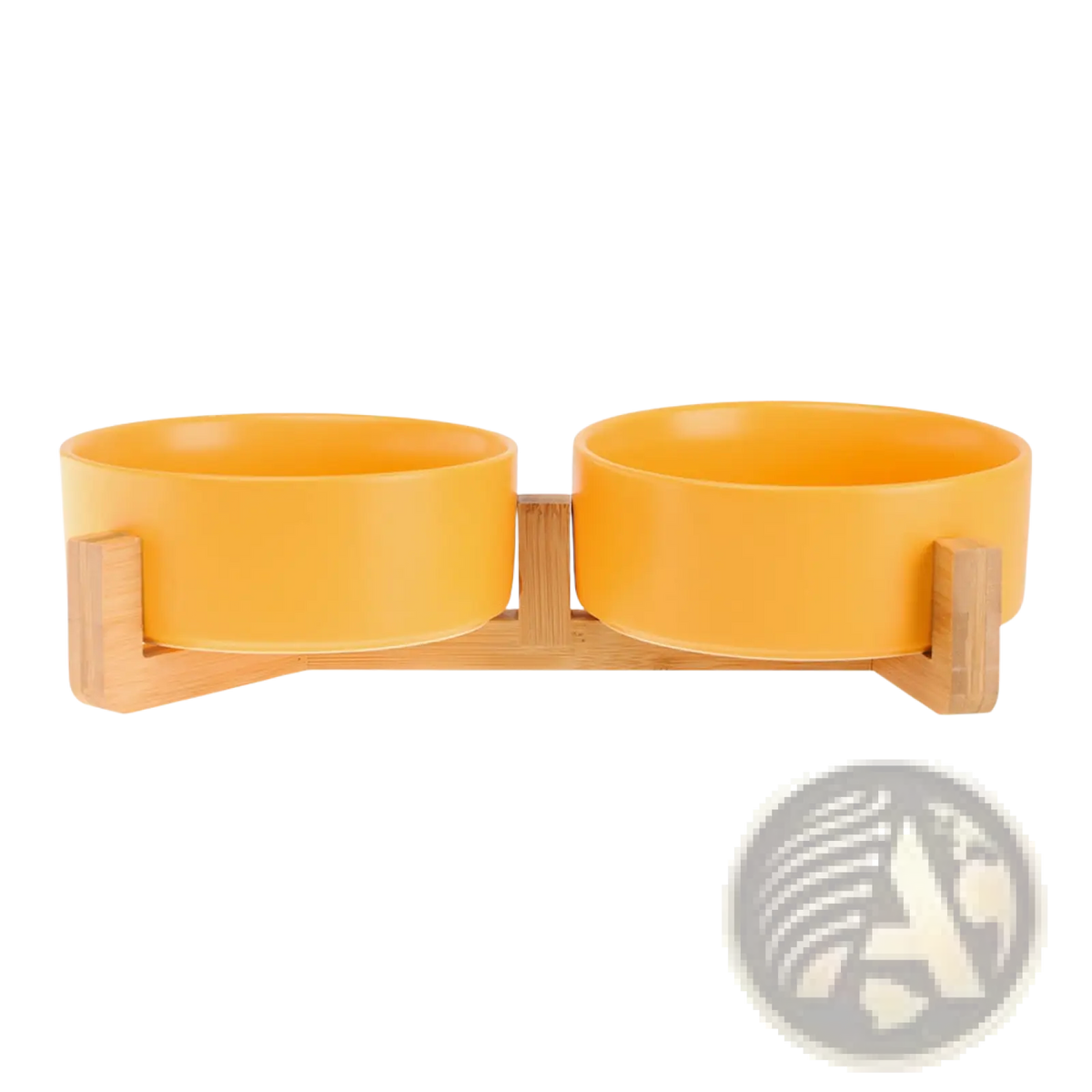 Bright orange ceramic double pet bowls mounted on a light wood stand for feeding pets