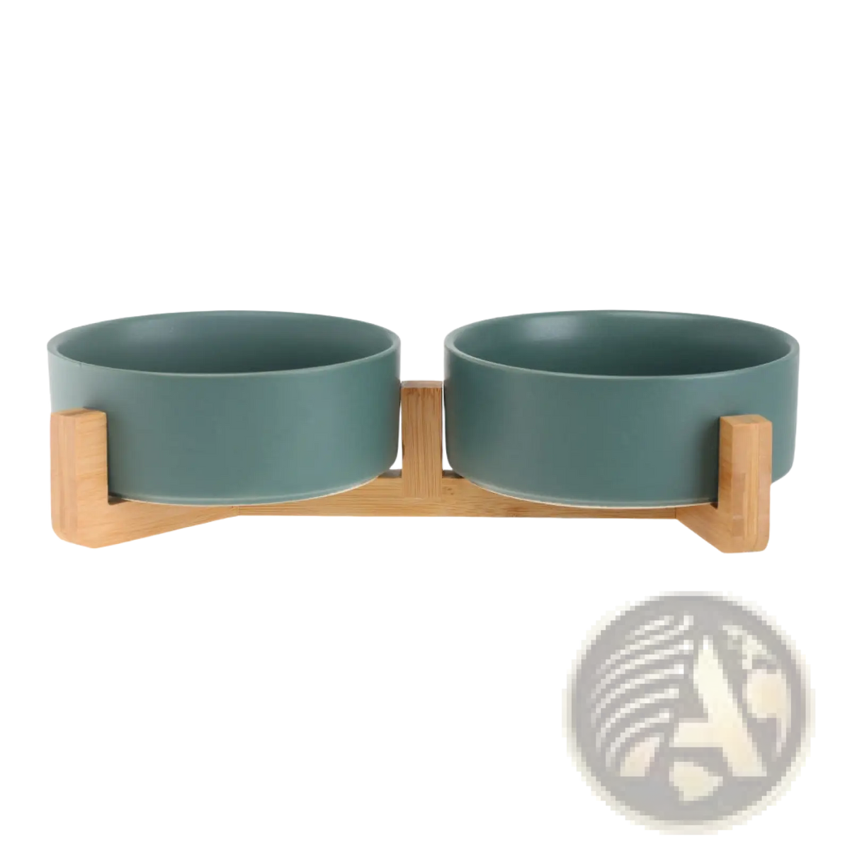 Ceramic double pet bowl set in teal mounted on a light wood stand for feeding pets in style and comfort
