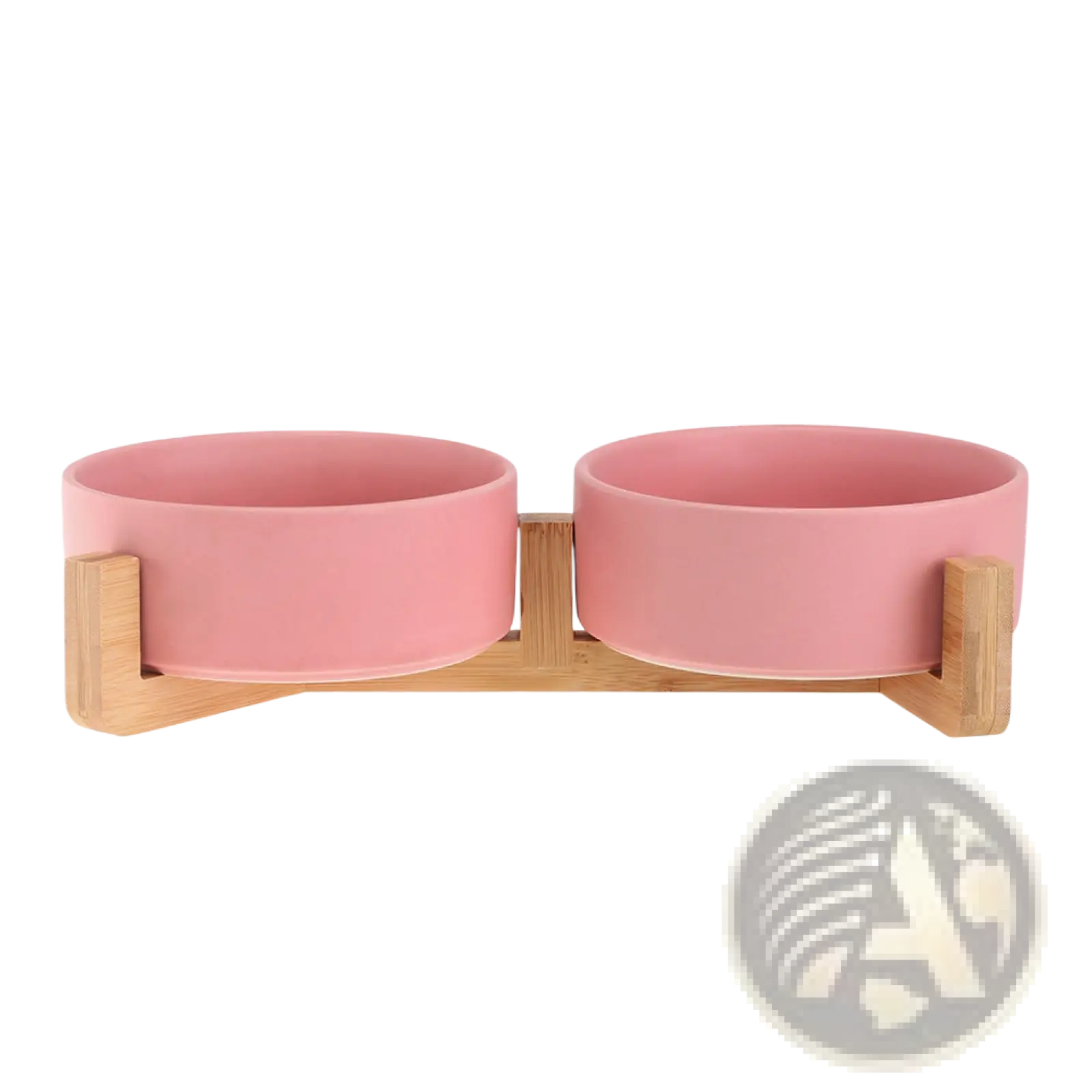 Pink ceramic double pet bowl mounted on a light wood stand for feeding cats or small dogs