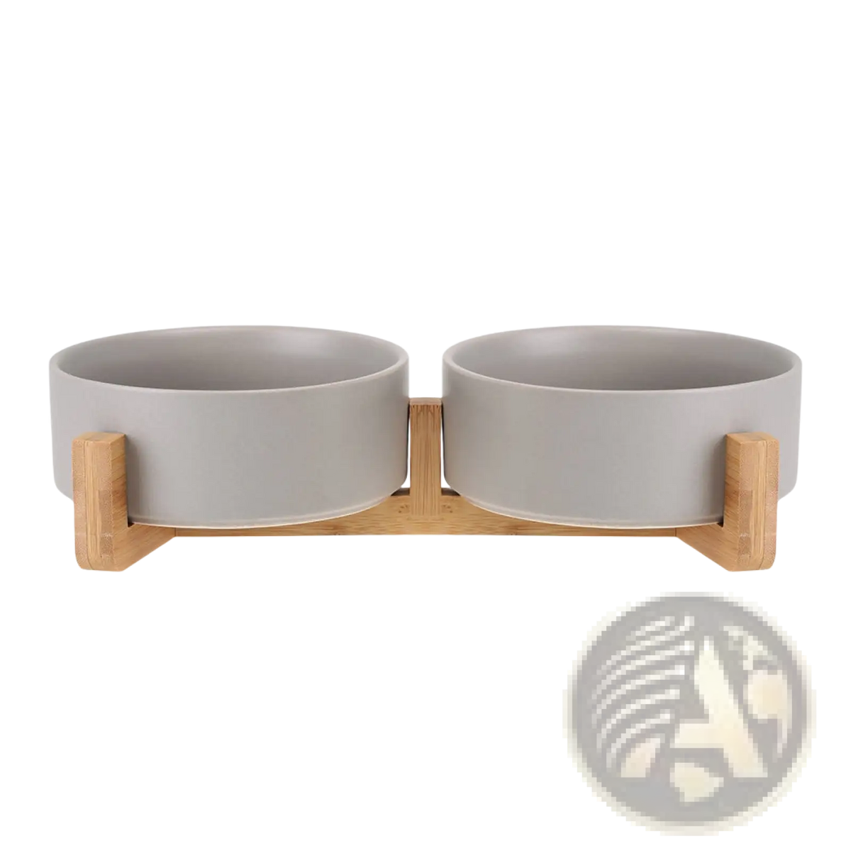 Gray ceramic double pet bowls with bamboo wood stand designed for feeding pets in an elevated holder