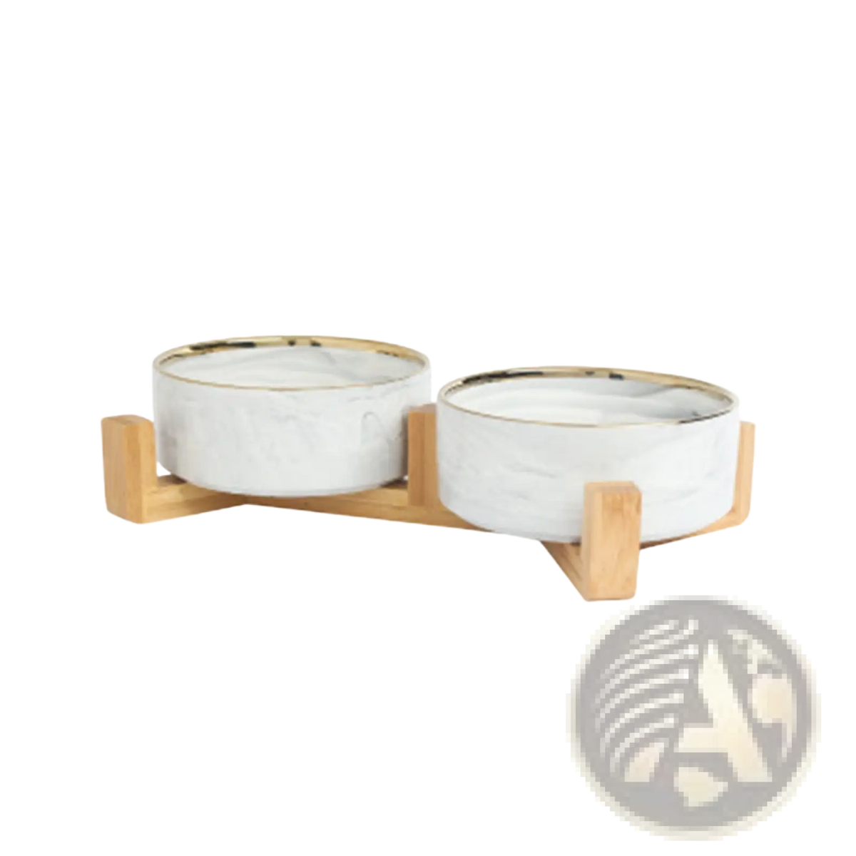 Ceramic double pet bowl with wood stand featuring white marble-patterned ceramic bowls with gold rims on a light wood base