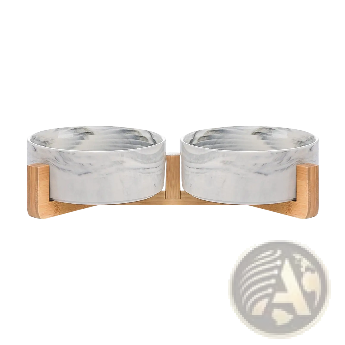 Ceramic double pet bowl with white and gray marble pattern mounted on a light wood stand for feeding pets