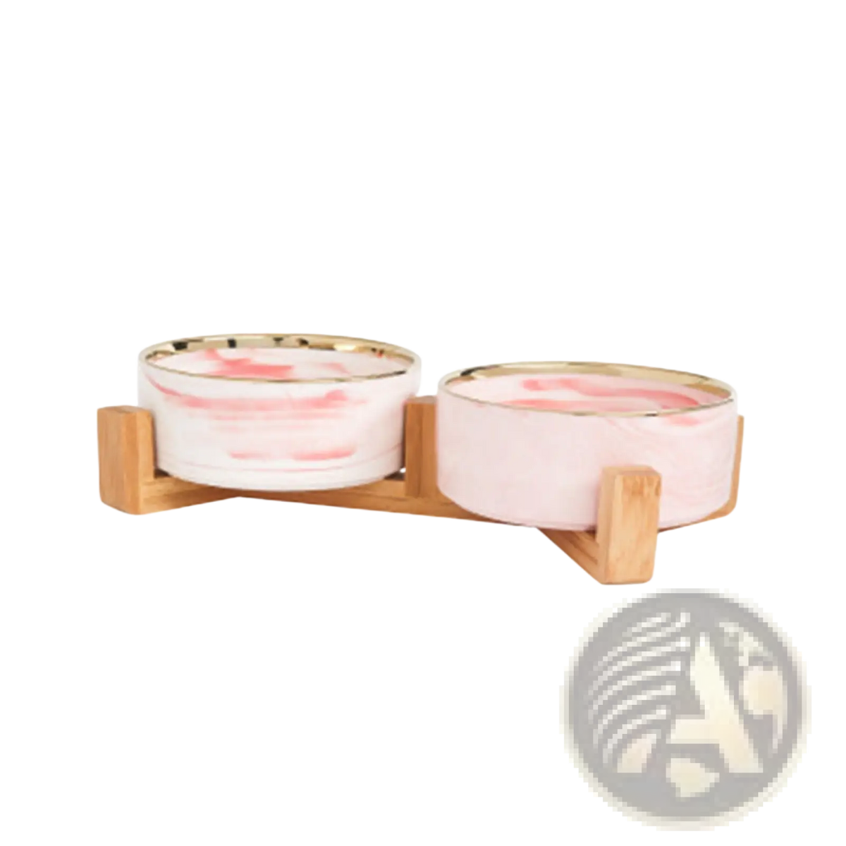 Ceramic double pet bowl with wood stand featuring pink and white marble-patterned bowls with gold rims on a light wood stand