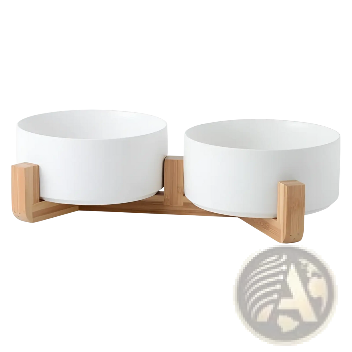 Ceramic double pet bowl with wood stand featuring white ceramic food and water bowls on a light wood base