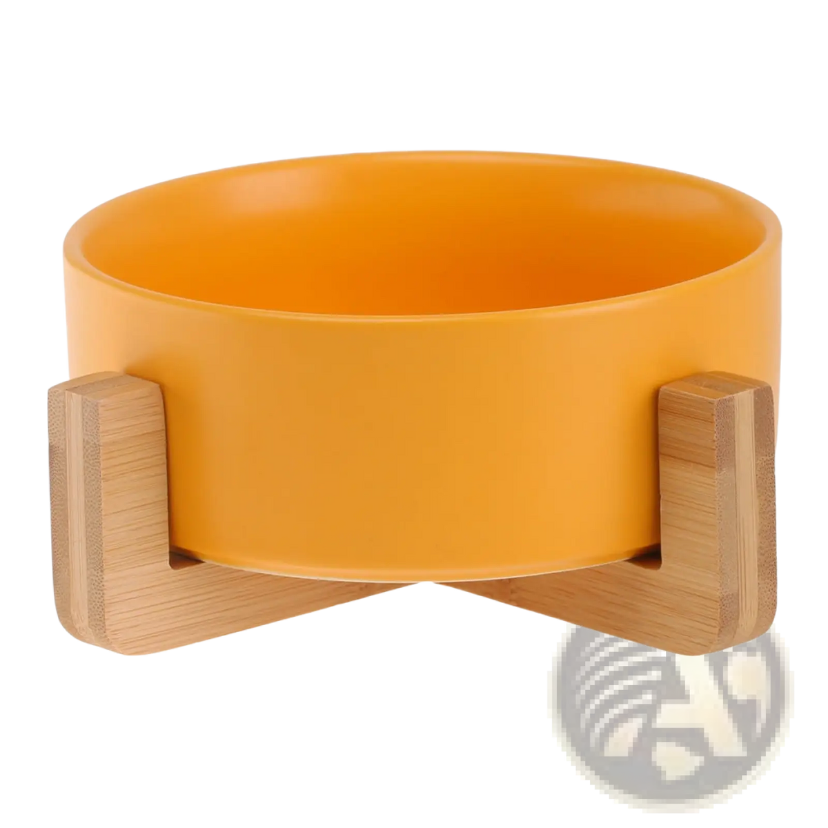 Ceramic double pet bowl in vibrant orange with a sleek modern design and light bamboo wood stand