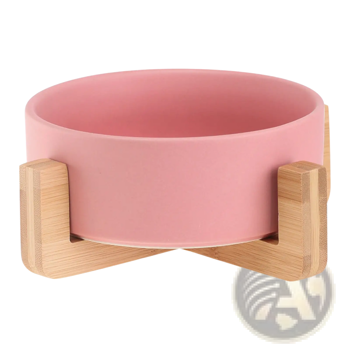 Pink ceramic pet bowl with bamboo stand for feeding pets in a ceramic double pet bowl with wood stand set