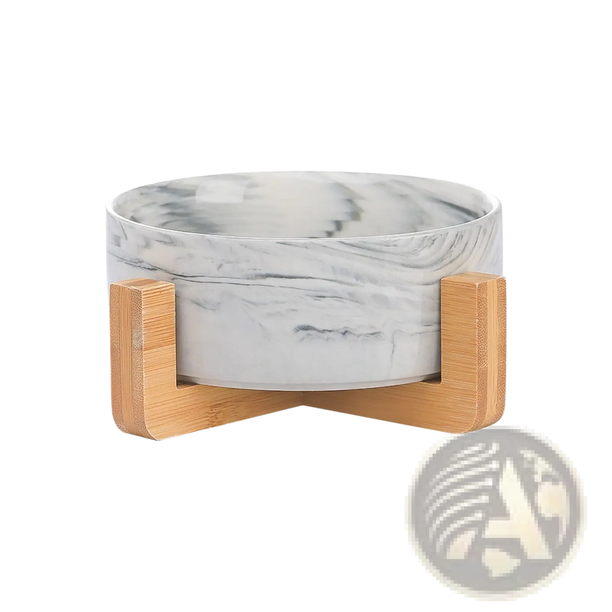 Ceramic double pet bowl with a white and gray marble pattern and a natural wood bamboo stand for feeding pets
