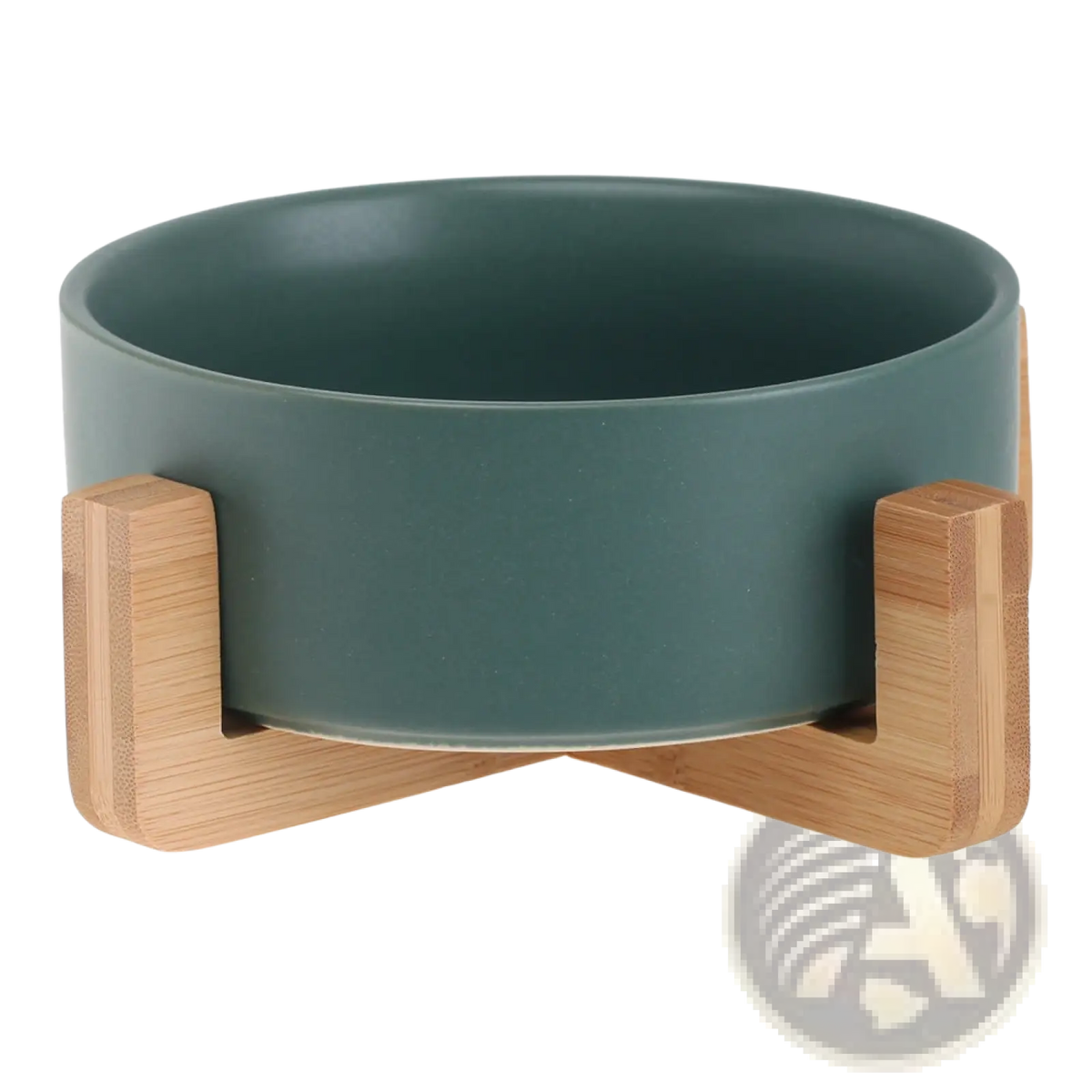 A sleek matte teal ceramic double pet bowl with a light wood bamboo stand for elevated feeding
